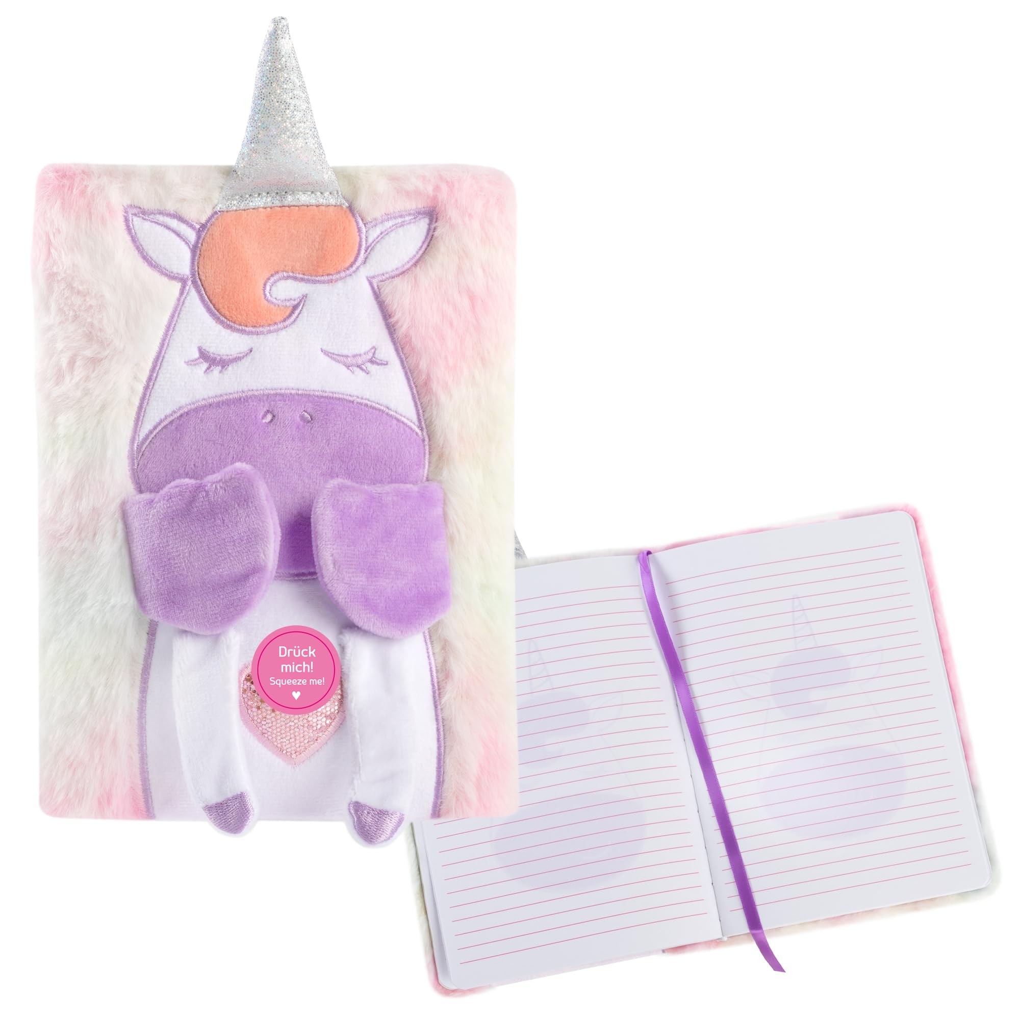 Idena 12107 - Notebook A5 Lined Fluffy Unicorn, 80 Sheets 80 g/m² in White, with Bookmark and Plush Cover
