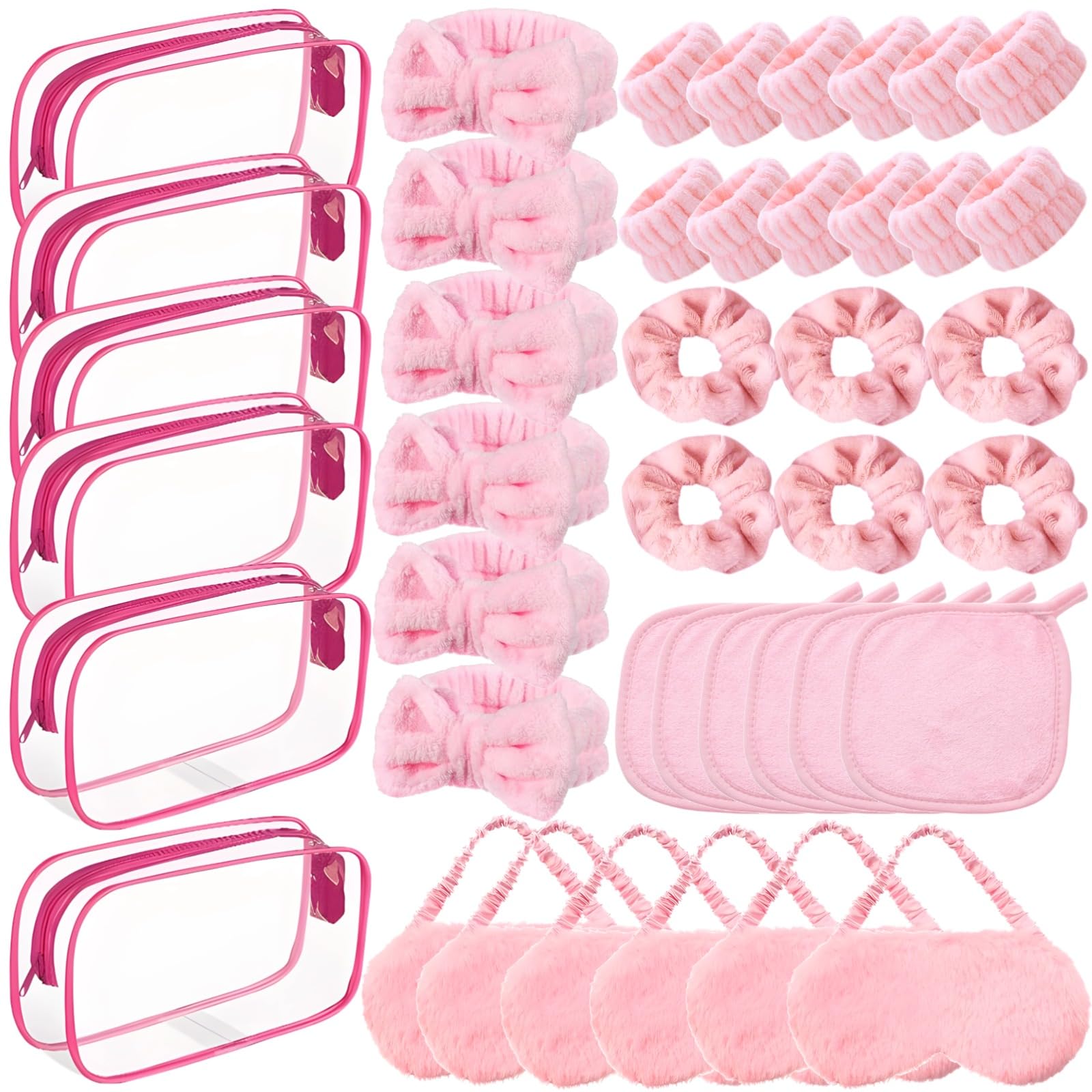 Packool 36 Pcs Spa Party Supplies, Spa and Slumber Party Set, Plush Pink Sleepover Party Favors, Includes Hair Accessories, Eye Masks, Towels, Transparent Makeup Bags, Great for Sleepover Fun