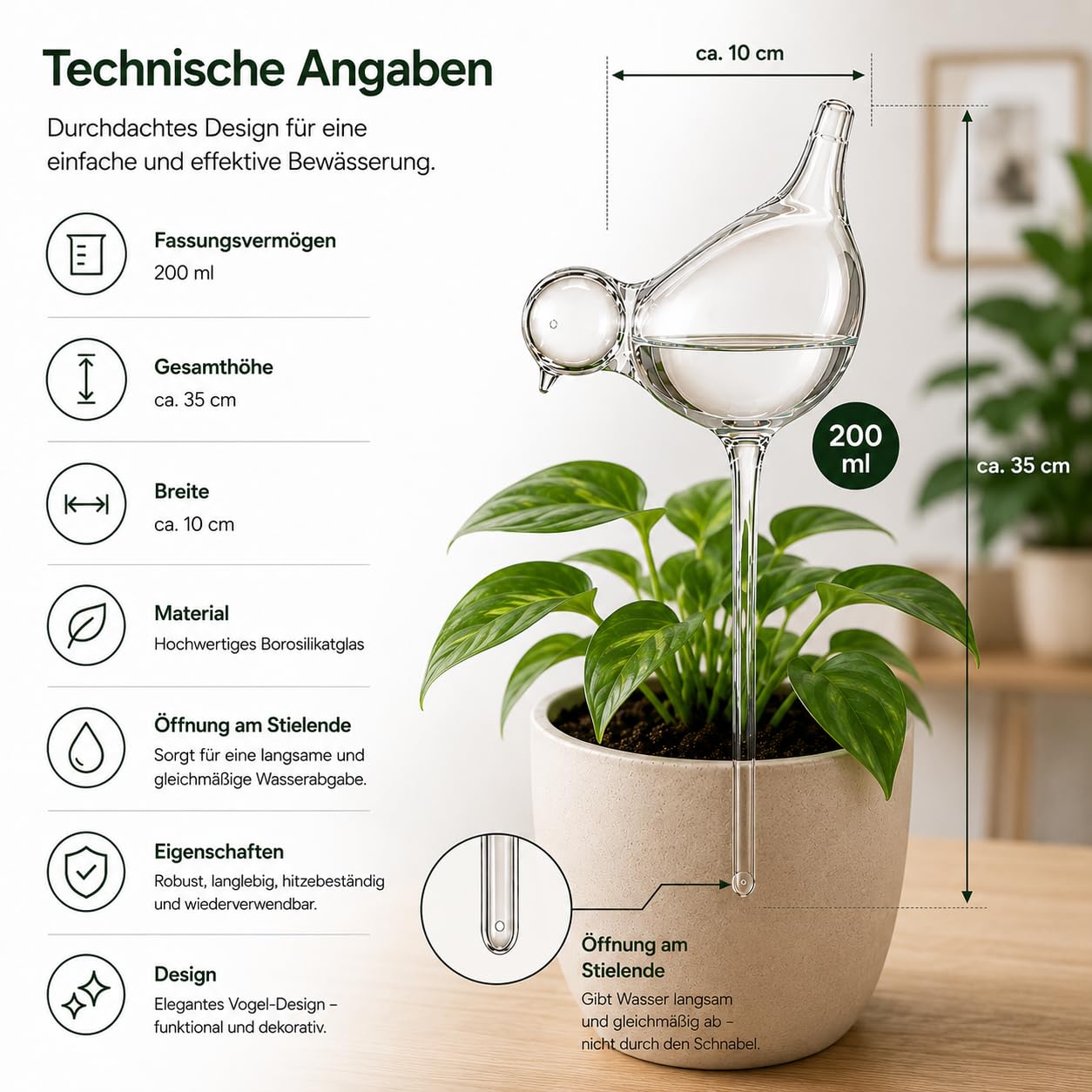 Vogel Bewässerungskugeln 6er Set aus Borosilikatglas 200ml Pflanzen