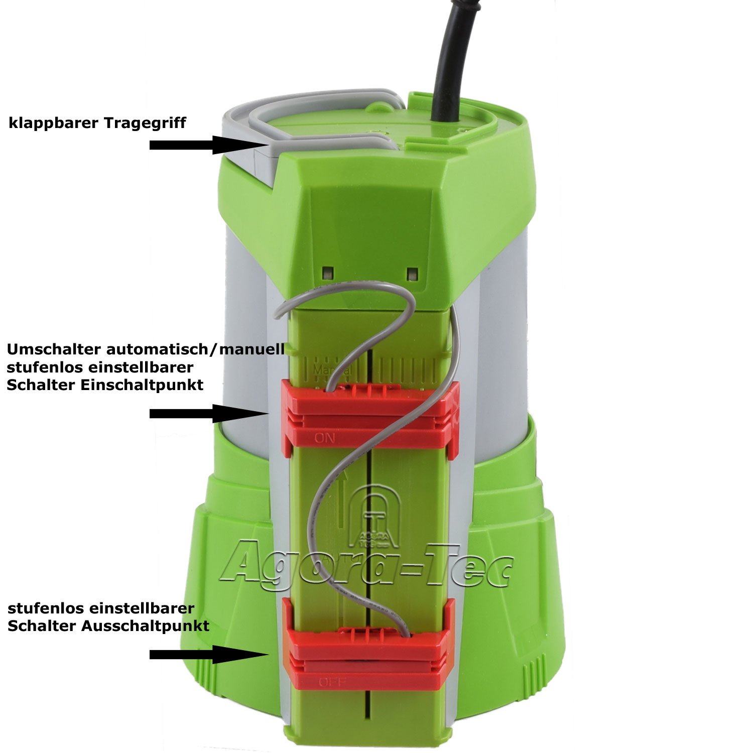 Agora-Tec Bomba sumergible AT, agua transparente, 250 W, vario-control (succión plana a 1 mm), interruptor de flotador integrado ajustable con válvula antirretorno y máx. 0,4 bar y máx. 3000 l/h
