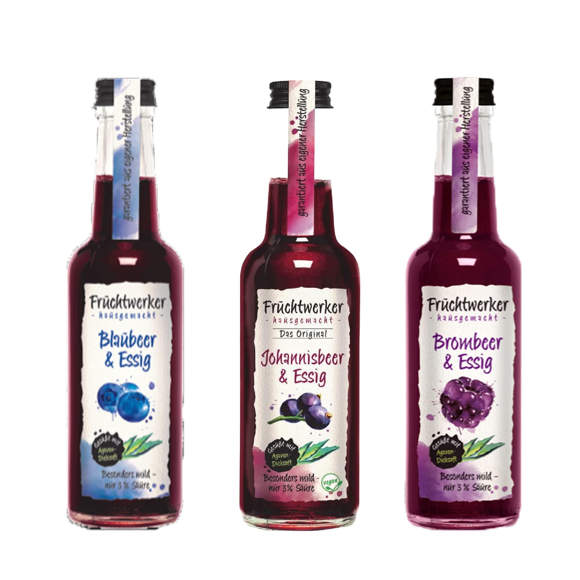 Fruchtwerker Essig und Frucht Set I Verschiedene Sorten I Fruchtig I Fruchtessig I Essig-Set I Rein Pflanzlich I Süß I In Glasflaschen (Blaubeere + Johannisbeere + Brombeere)