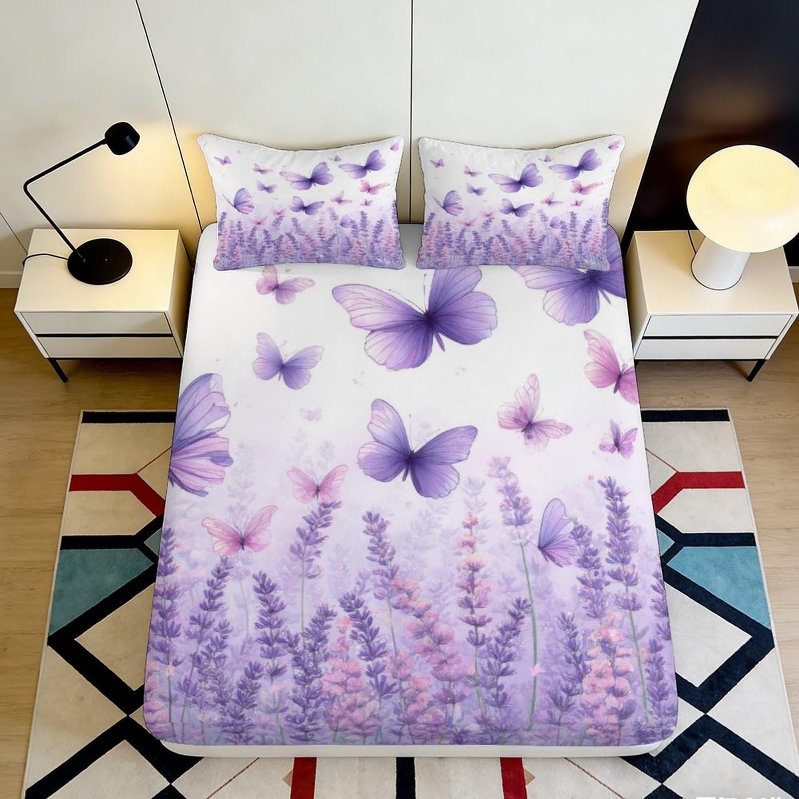 Jqzkxnhpbr Style-3 3D Printed Purple Butterfly Fitted Sheet Microfiber Soft Lavender Bed Cover For Bedroom Guest Room Dorm Decor 90X200x25cm