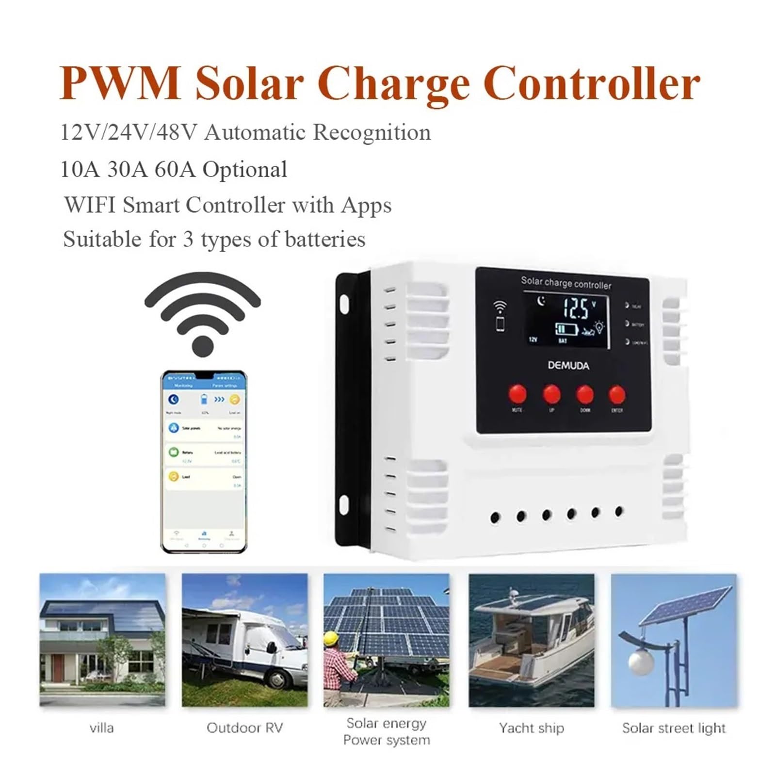 Inteligentna ładowarka z regulatorem ładowania słonecznego 12V 24V 48V automatyczny regulator 10A 30A 60A PWM ładowarka do panelu słonecznego z aplikacją(10A)
