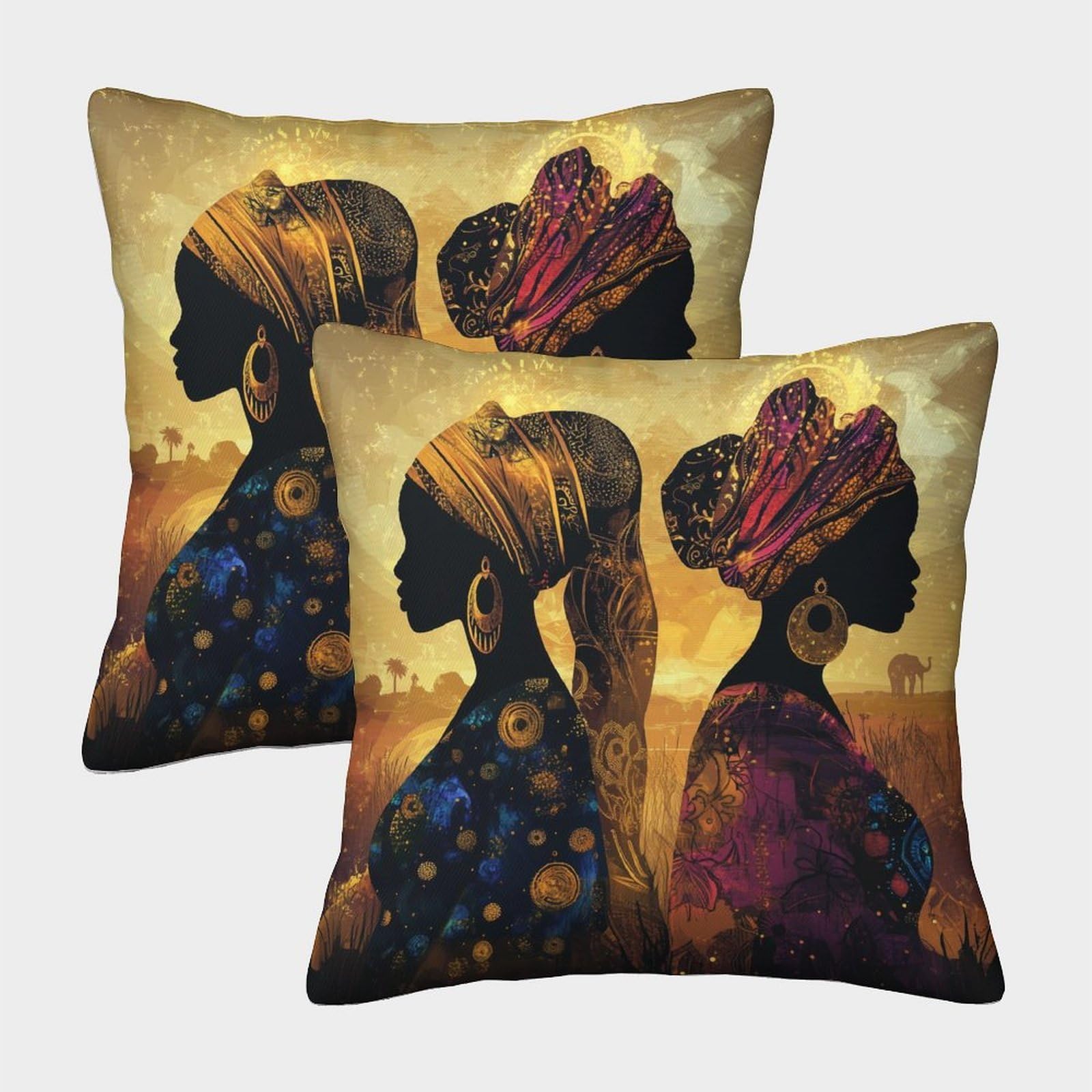 kaiyun 2 Pack Elegant And Dignified Female Portrait 3D Image African Cultural Heritage Printed Single-sided Cushion Cover 45x45cm