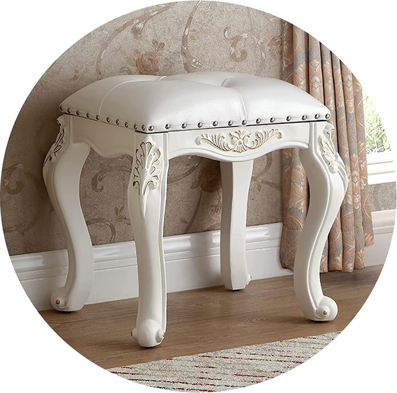 Vanity Stool Bedroom Vanity Chair Upholstered Seat Wooden Dressing Bench Bedroom Leather Makeup Stool Dining Stool Sofa Stool Beautifully Carved Rubber Wood Stool Legs (42x35x45cm)(White)