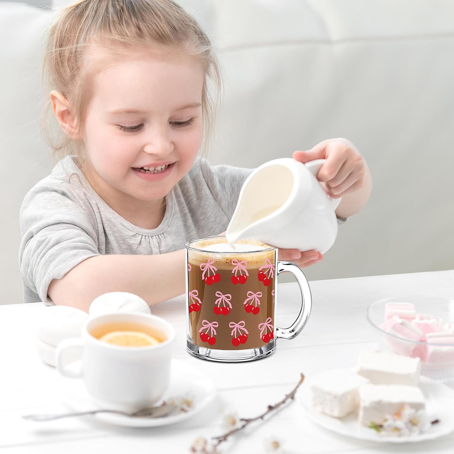 Whaline 4Pcs Pink Bow Cherry Glass Coffee Mugs with Handle Coquette Bowknot Aesthetic Coffee Cups Beverage Mugs for Hot Cold Drinks Water Tea Milk - Image 5