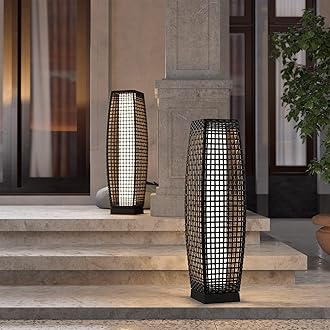 Grand patio 2-Piece Outdoor Floor Lamp Solar Powered Lantern Water-Resistant Wicker Deck Patio Light, Lamp Large-Sized for Garden or Porch-Large Fuji, Silver Gray