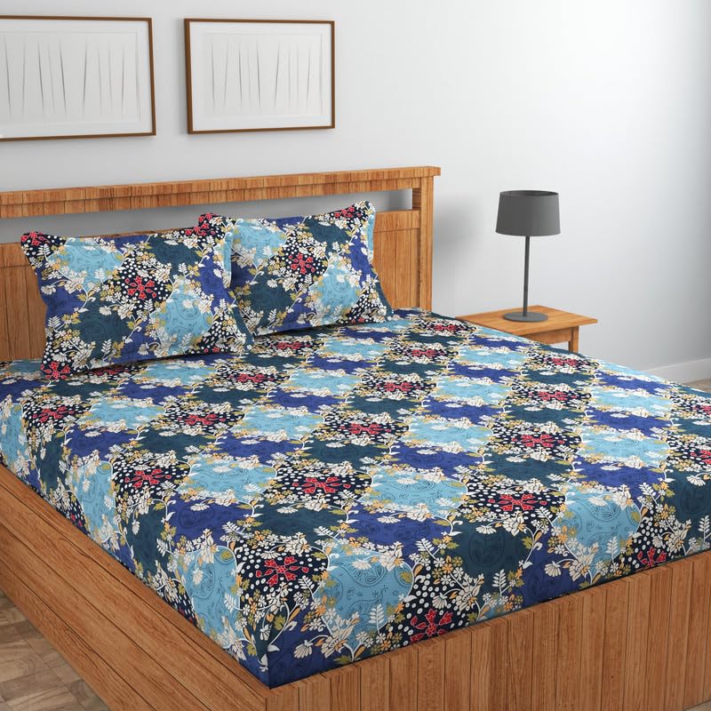 Image of NEW LEAF Cotton Fitted King Size Bedsheets with 2 Pillow Covers | Elastic Fitted | Wrinklefree | Ultrasoft |Winter Bedsheet 220 tc tc Floral | 710x72+10 Inches, Teal Blue