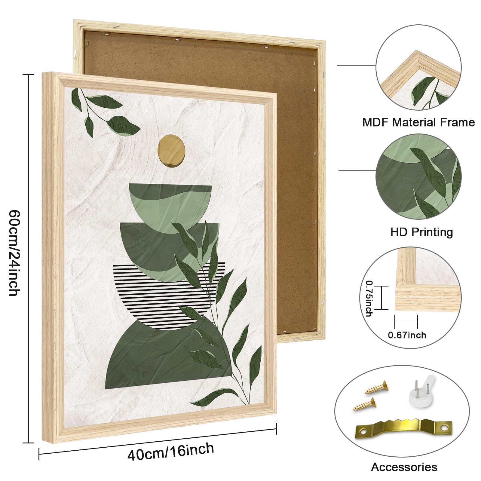3 Pcs Wooden Framed Canvas Wall Art Set Bohemian Sage Green Canvas Prints Poster Geometric Line Beige Green Pictures for Living Room Bedroom Dinning Room Hallway Stairs Wall Decor 30x40cm x3pcs — view 423