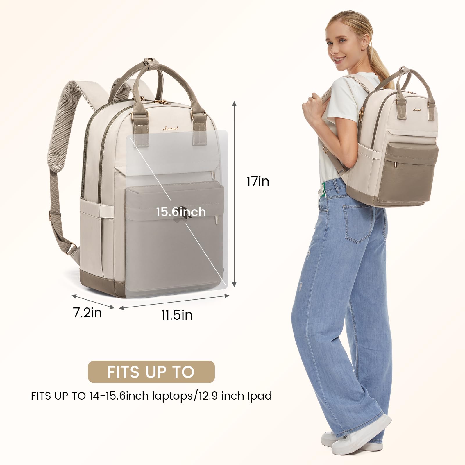 Mochila para laptop para mujer, bonita mochila para laptop con puerto USB, mochila de viaje impermeable, Caqui - Beige, Mochila para laptop 5