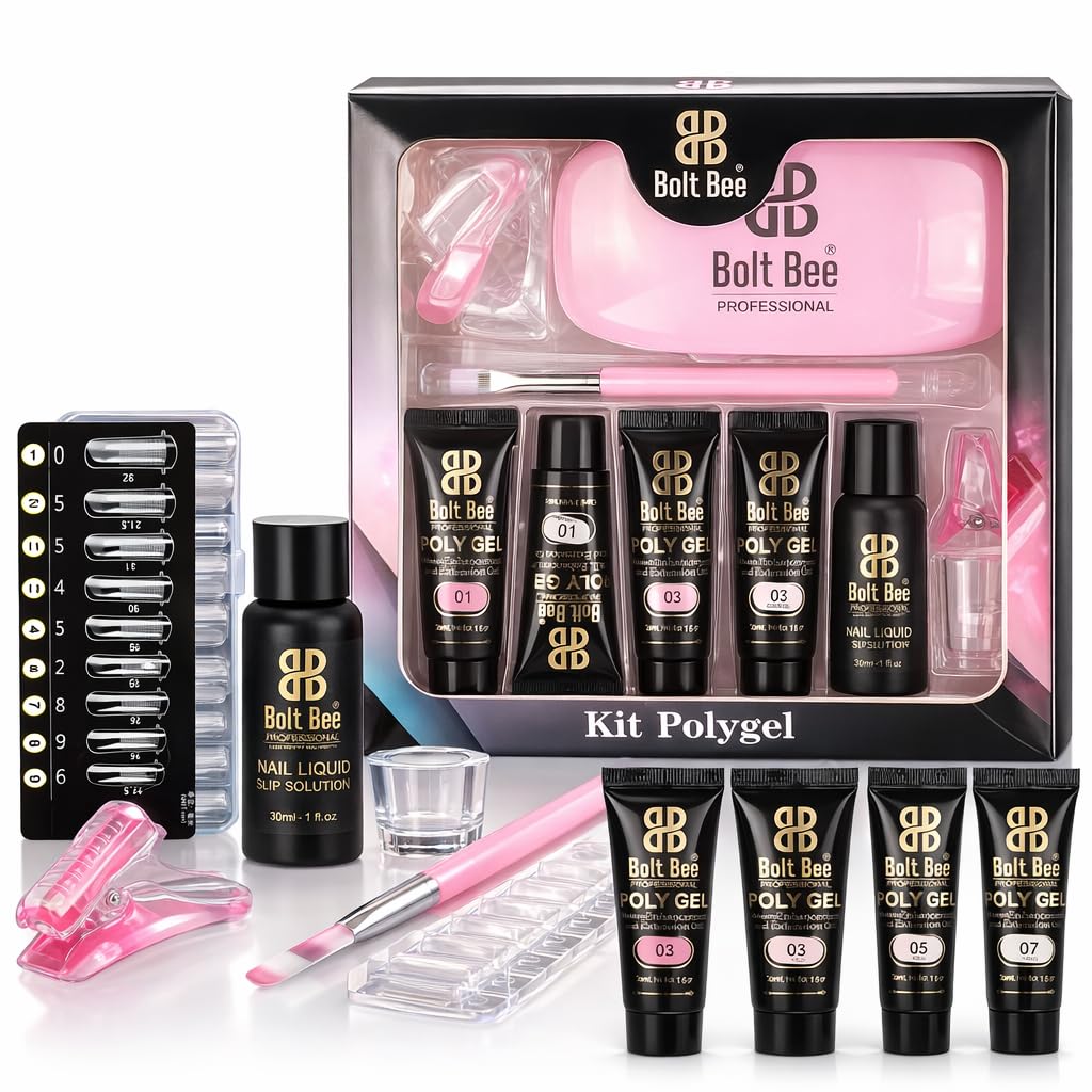 Bolt Bee Poly Gel Nail Extension Kit with UV LED Lamp, 3 Builder Gel Shades Clear White Pink 15g, Dual Forms, Slip Solution, Brush, Dappen Dish, Nail Sculpting Set for DIY Manicure Salon Art (Polygel Kit)-image-10