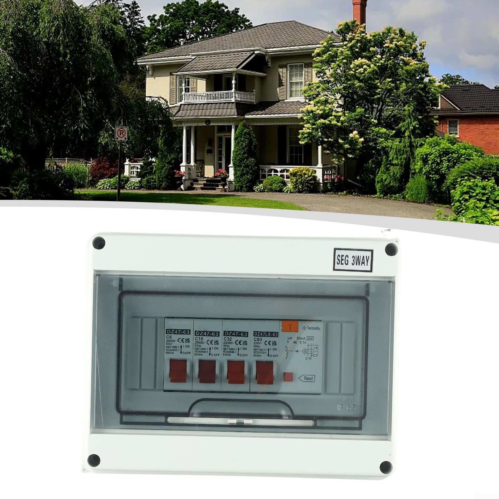 Contador de consumo de 3 vías IP65 con para rcd y 3 x MCB para garaje | Plástico ignífugo, 63 A, 230 V, protección contra cortocircuitos, para garaje, caravana, taller