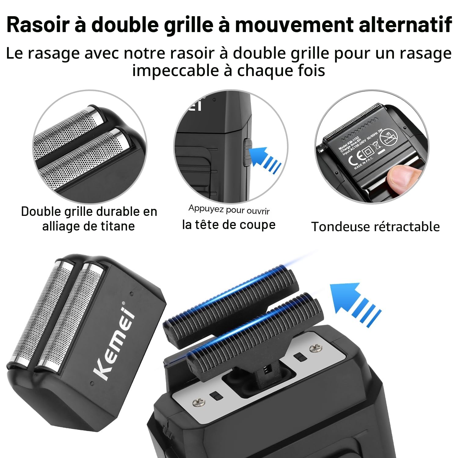 KEMEI Tondeuse à cheveux professionnelle sans fil pour homme, rasoir électrique en aluminium, kit de coupe