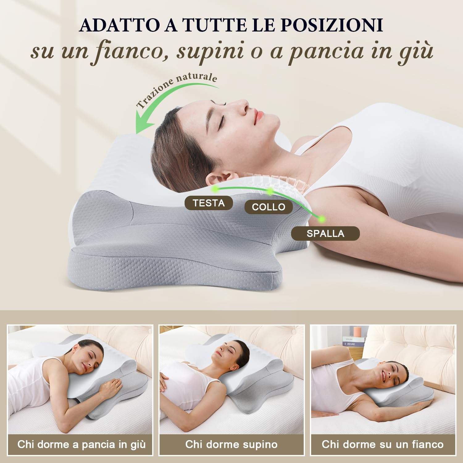 KOOTETA Cuscino Cervicale Memory Foam, Cuscino Ortopedico per Dormire con Supporto per Collo e Spalle, Doppia Altezza 10/13 cm, Federa Traspirante Sfoderabile Lavabile, 64x39 cm, Grigio Chiaro