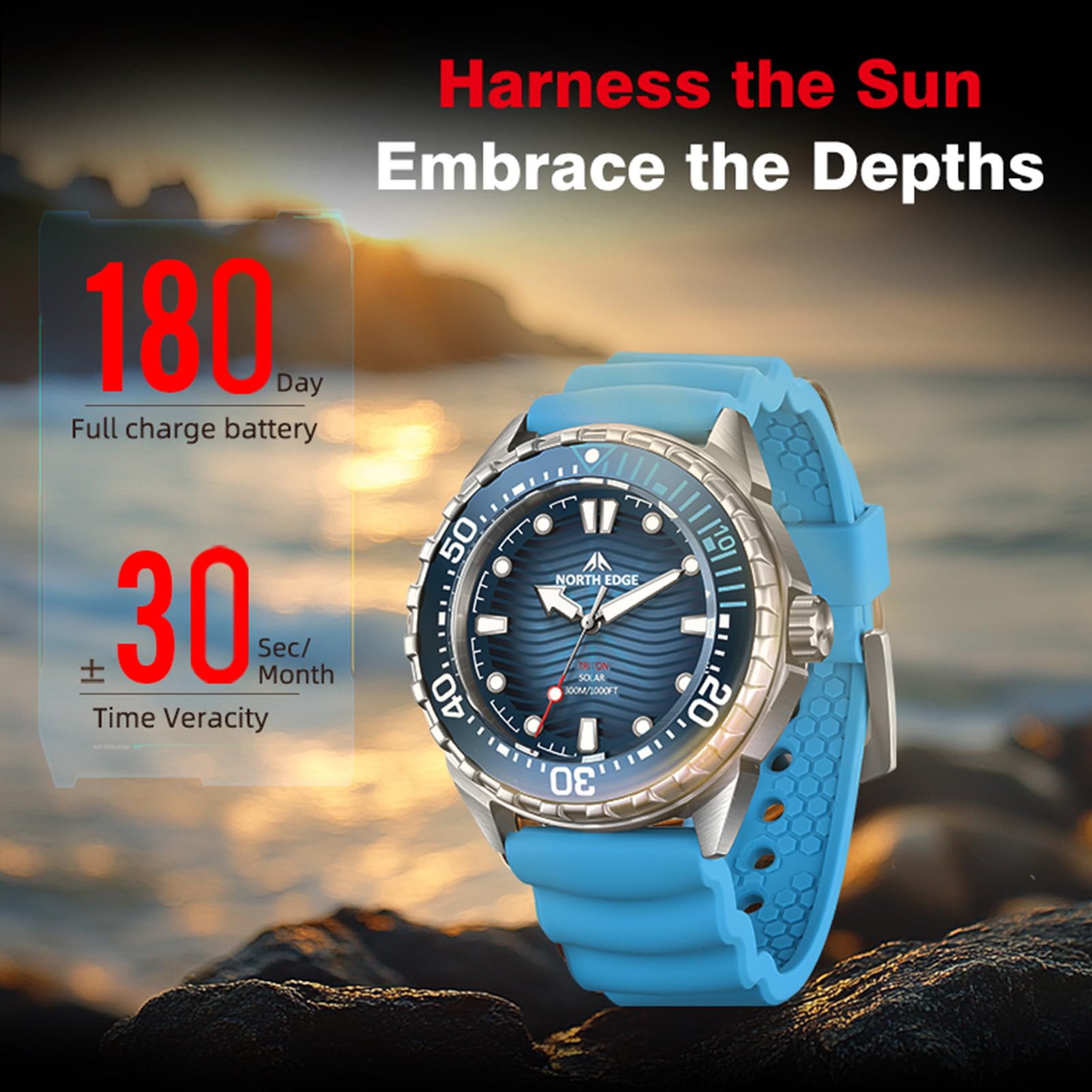 Dpofirs Solar Montre de Plongée 300m Étanche Illumination Rapide Homme Femme