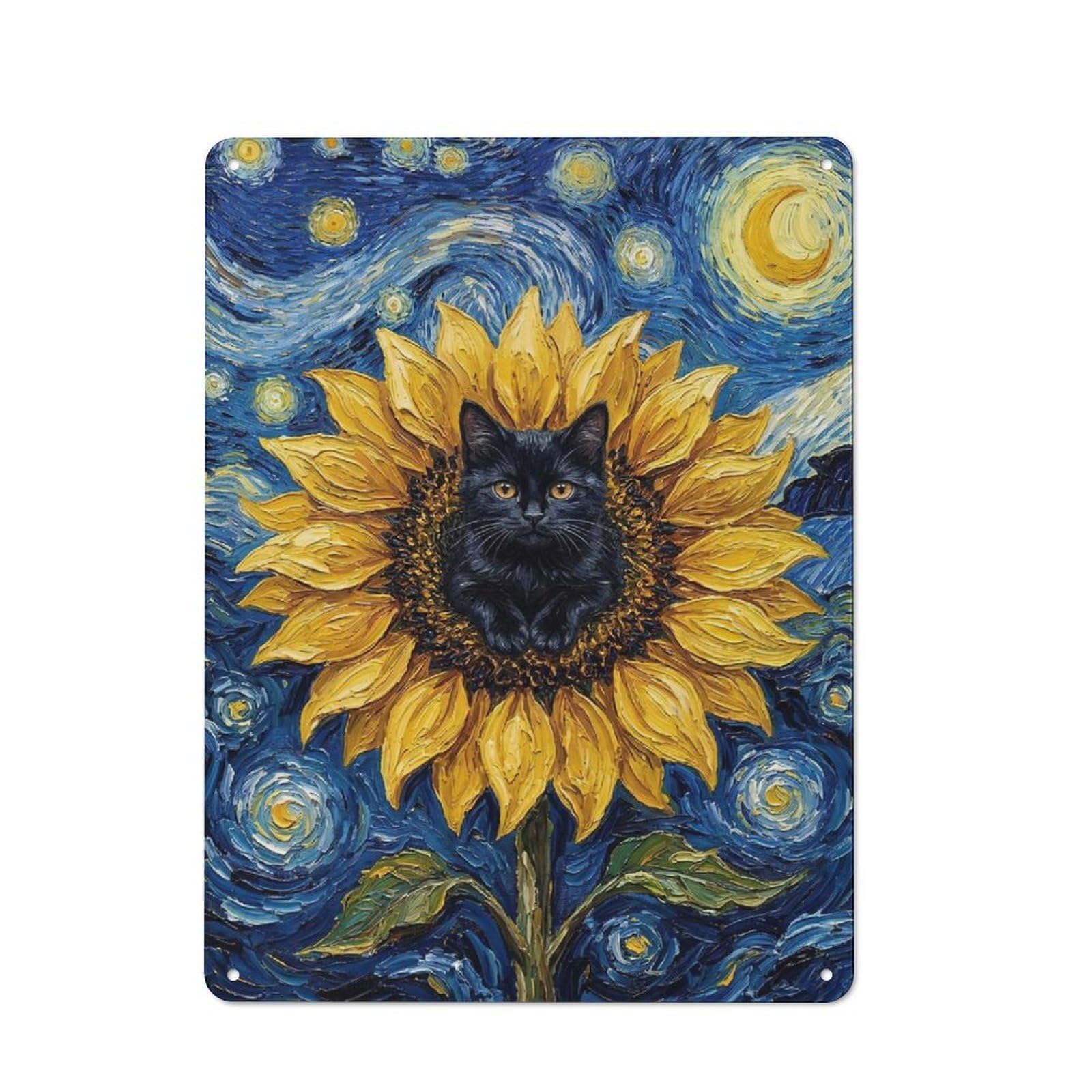Junmoney Style-19 Loft Style Metal Wall Art Sign 40X30cm Featuring Black Cat In Sunflower, Urban Room Decor For Loft, Studio, Office Or Creative Room