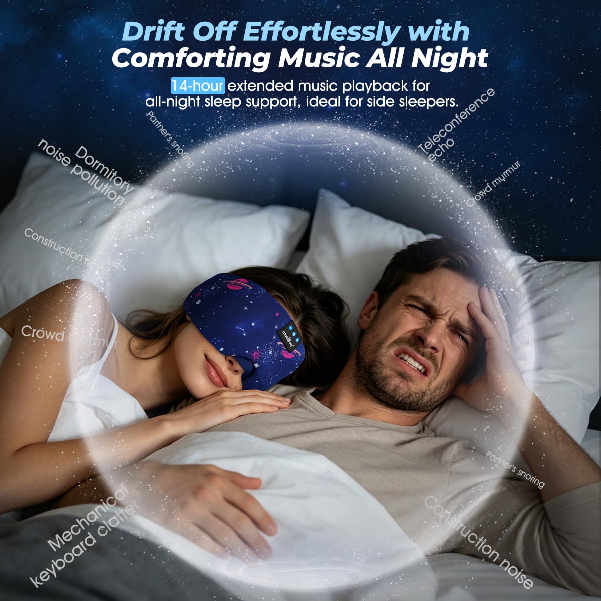 MUSICOZY Máscara de seda para dormir, 100% opaco, 3D, con auriculares, color azul