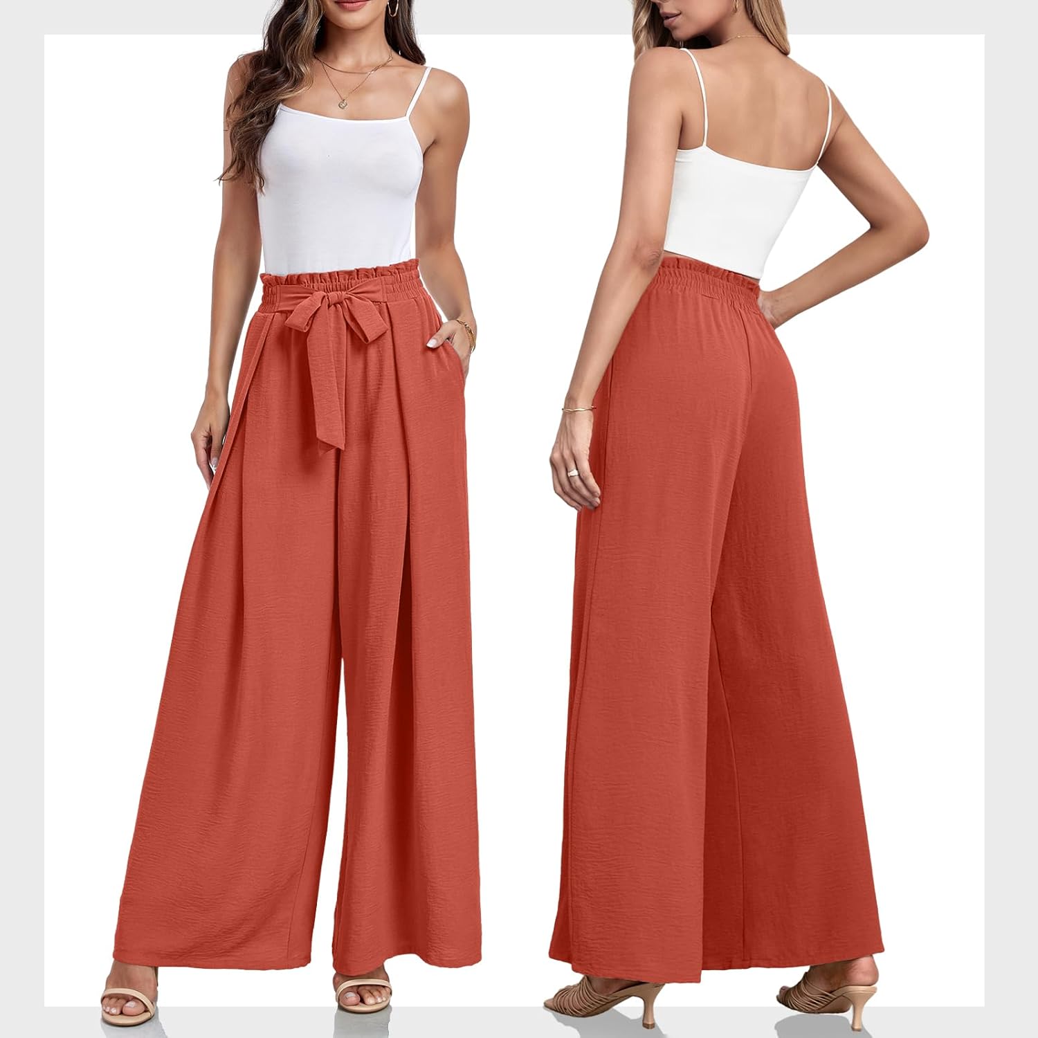 Lepunuo Wide Leg Pants for Women High Waisted Palazzo Pants Work Casual Flowy Tie Knot Trousers with Pockets - Image 5