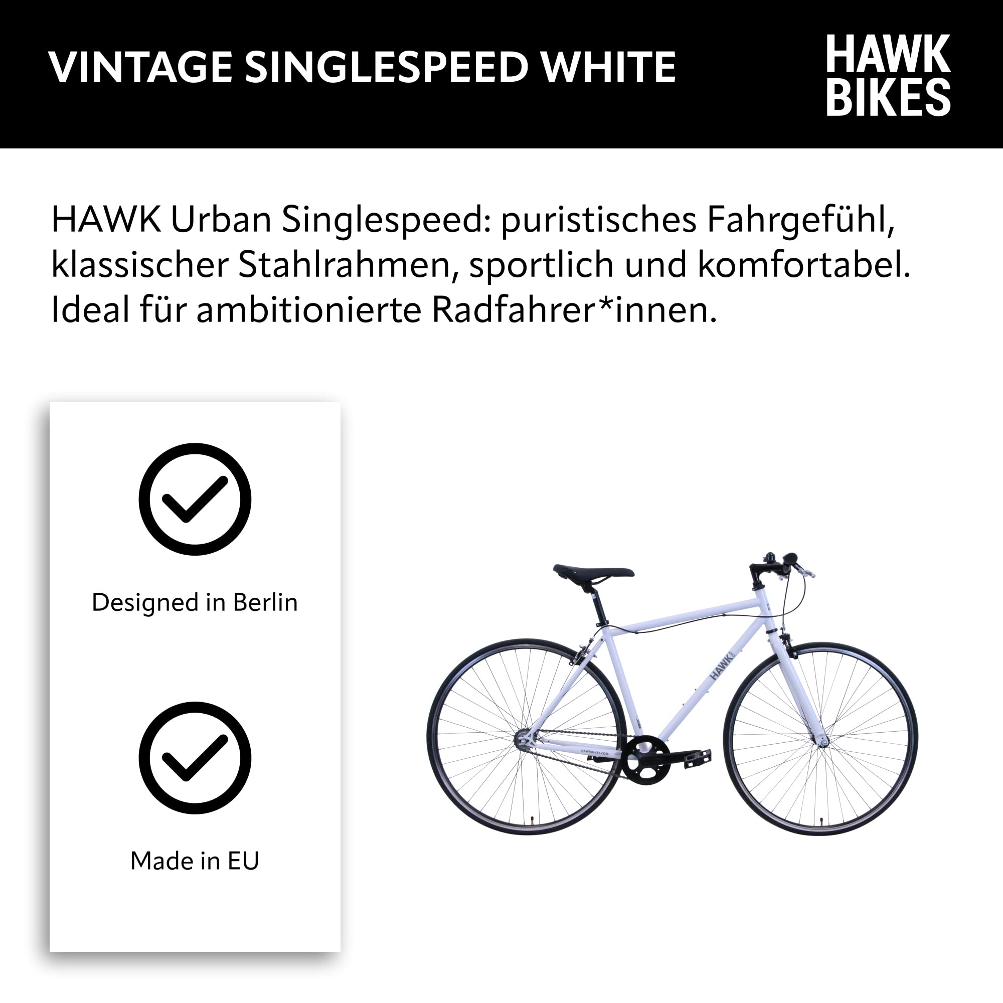 HAWK Vintage Singlespeed Fahrrad 28 Zoll Herren & Damen (48 cm) I Sportliches Fixie mit klassischem Stahlrahmen I Rennrad mit Felgenbremse I White