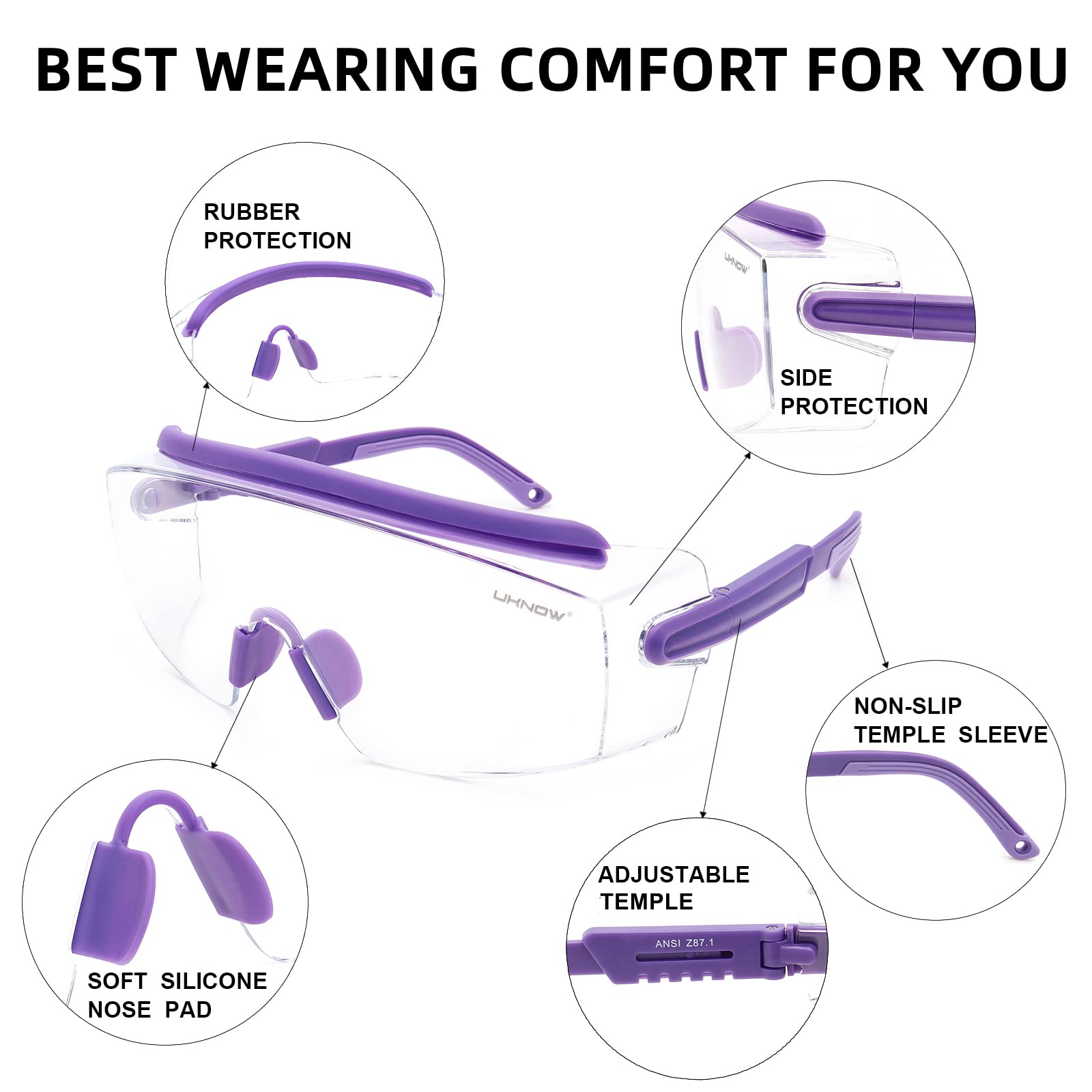 UKNOW Gafas de Proteccion, Gafas de seguridad sobre gafas anti niebla, lente transparente antiarañazos, gafas protectoras ANSI Z87.1