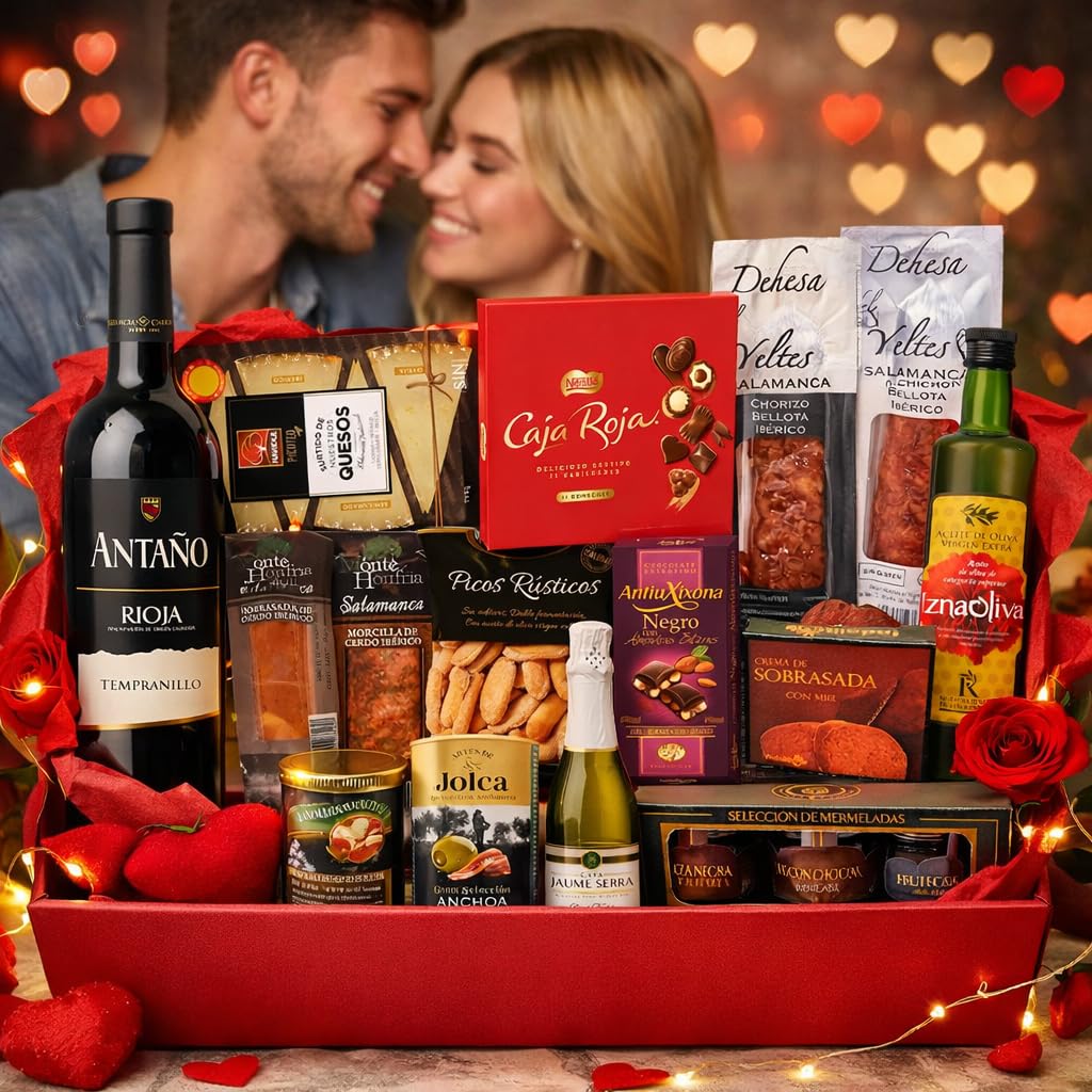 Cesta Gourmet con Ibéricos, Bombones, Chocolate, Vino, Embutidos, Aceite de Oliva Virgen - Regalo Original para Empresa y Particulares