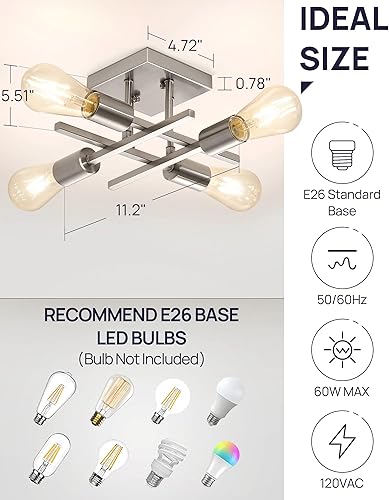 Miniatura 2 de Lámpara industrial de techo semiempotrada de 4 luces, paquete de 3 lámparas modernas de níquel cepillado, lámpara de techo Sputnik de granja,