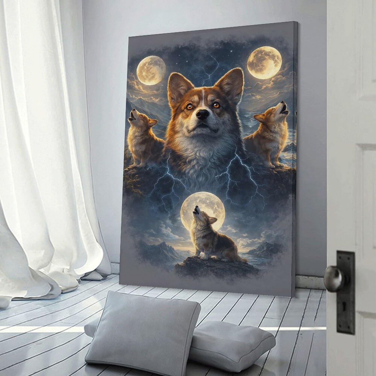 Junmoney Corgis Howling at The Moon Canvas Art Print, 20x30inch(50x75cm), for Wall Displays, Bedrooms Or Room Updates, Home Wall Art for Statement Displays