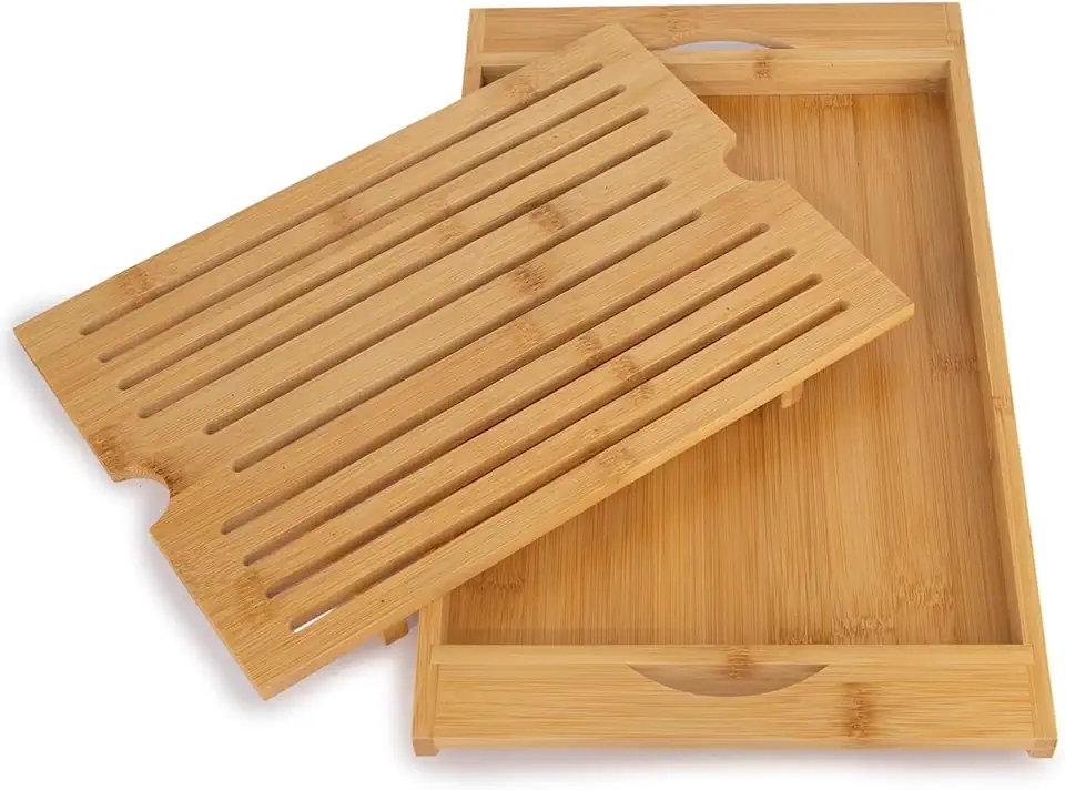 Tabua de Pão em Bambu Corte Migalheira Aparador Bandeja Suporte Panela