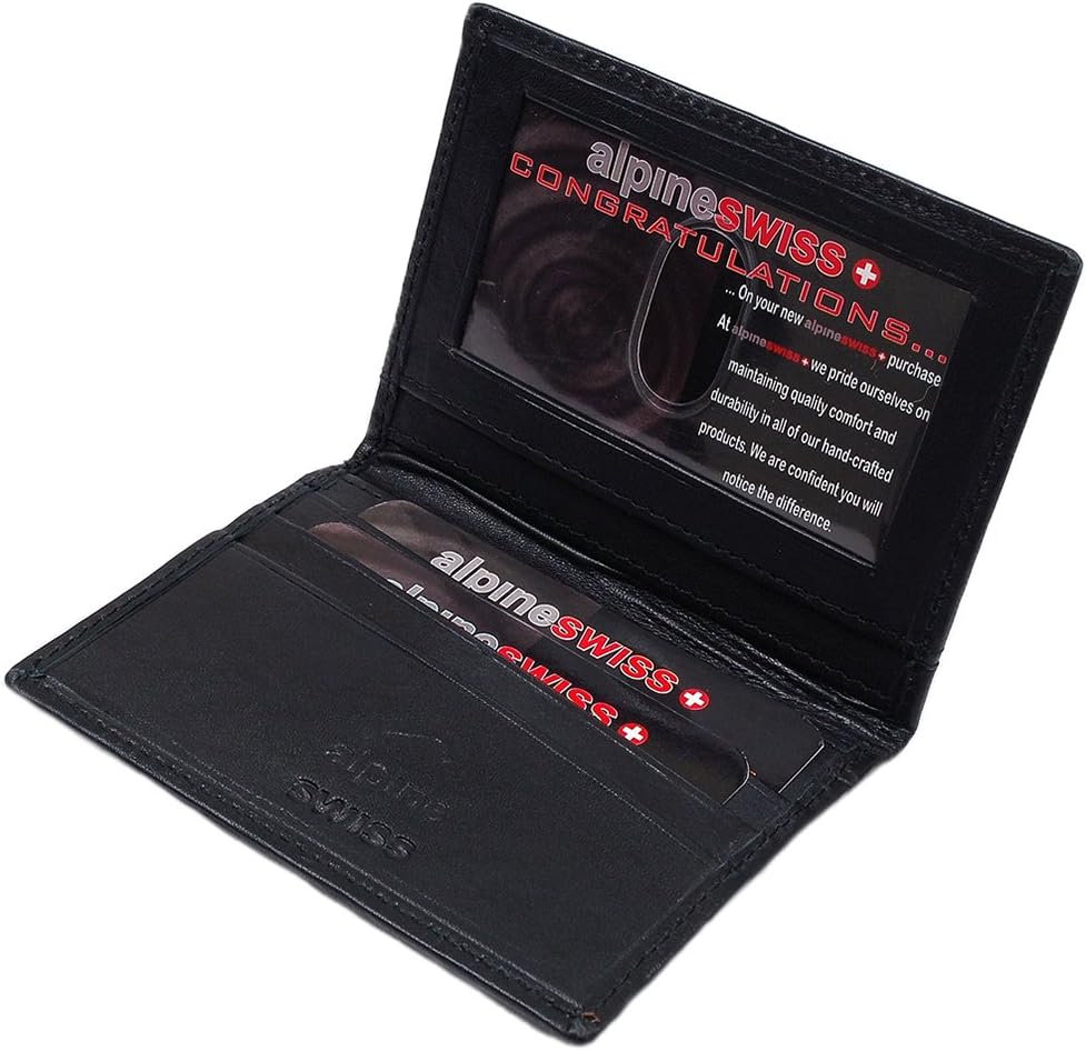 Alpine Swiss Mens Leather Compact Business Card ID Windows 6 slots-Black