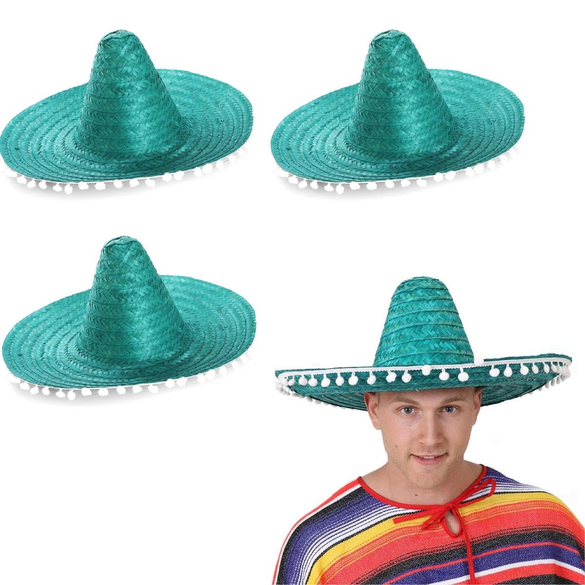 Adults Sombrero Hat - Green Mexican Sombrero With White Pompom Details - Mens Ladies Mexican Cinco De Mayo Fiesta Fancy Dress Costume Accessory (Pack Of 3)