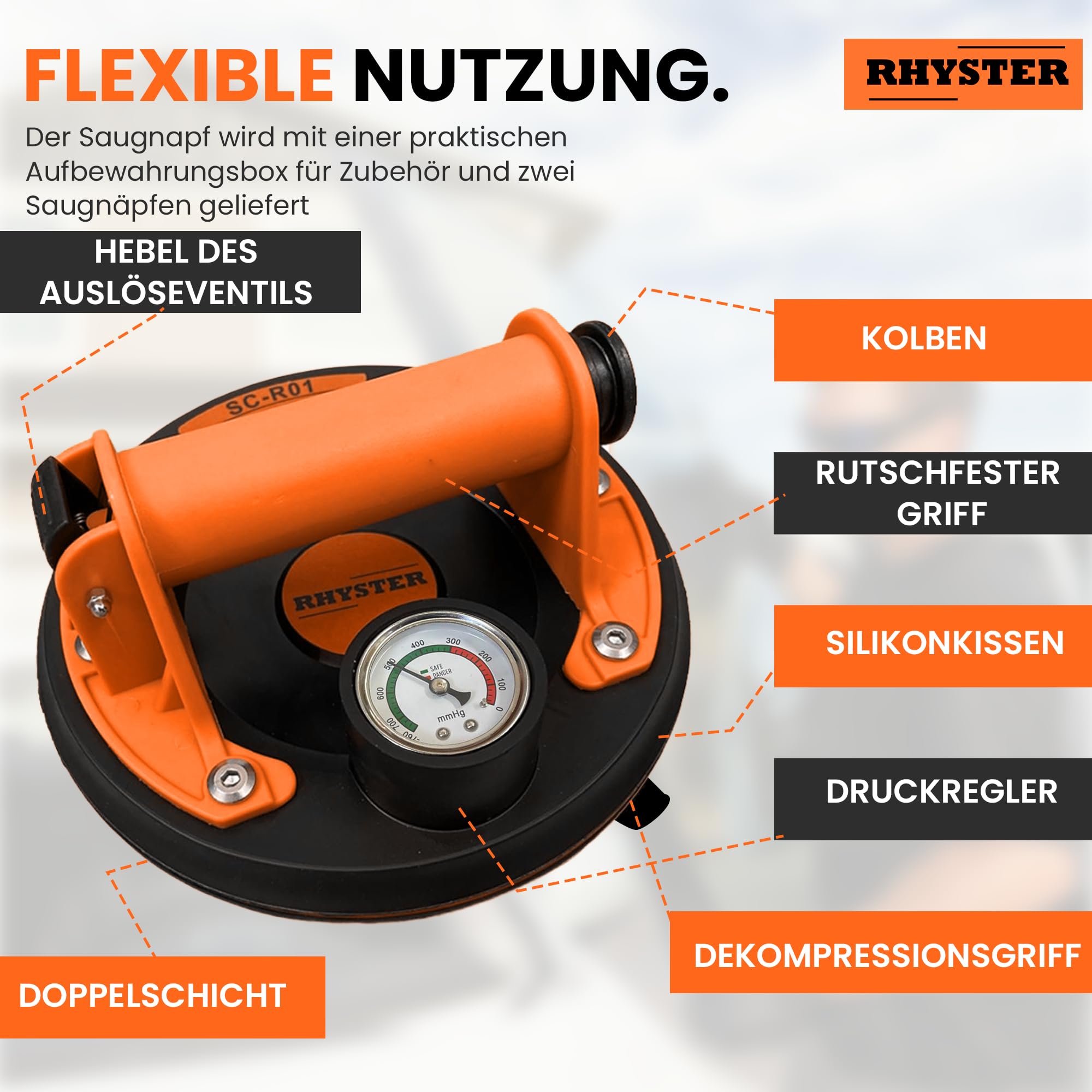 Produktbild von RHYSTER 2x Saugheber 200 Mm – Mit Sicherheitsmanometer, 300 Kg Tragkraft, Für Fliesen & Glas, Inkl. Ventil-Reparaturset