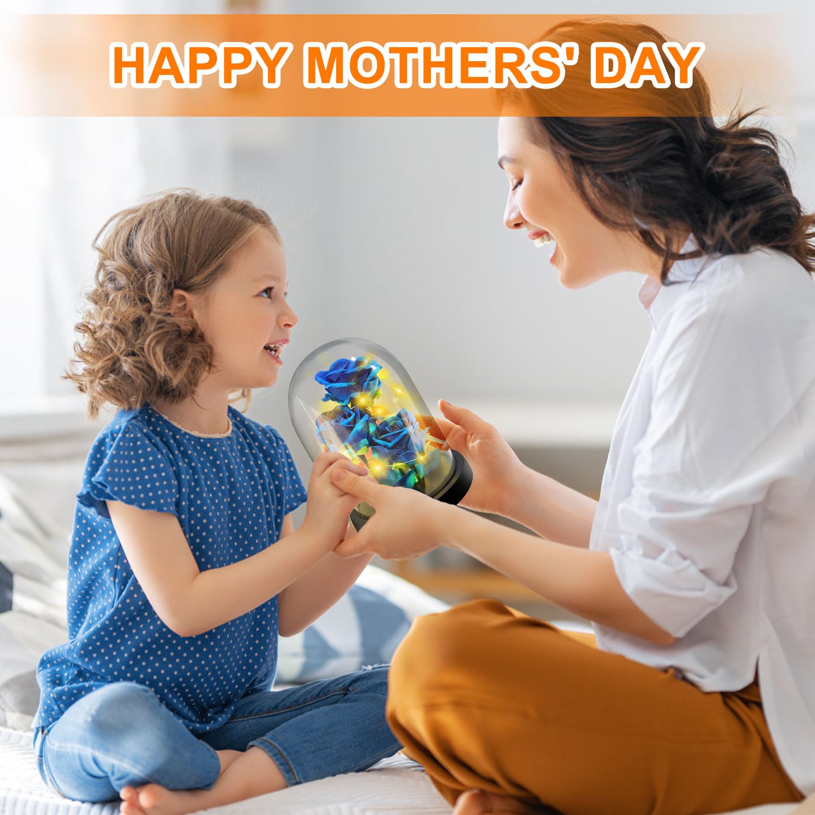 Regalo di San Valentino Per Mamma Nonna, Fiore Rosa Regalo per Lei - 3 Rose di Seta Blu con Luce a LED in una Cupola di Vetro per la Festa Della Mamma, Compleanno, Anniversario, Fiore Rosa Regalo