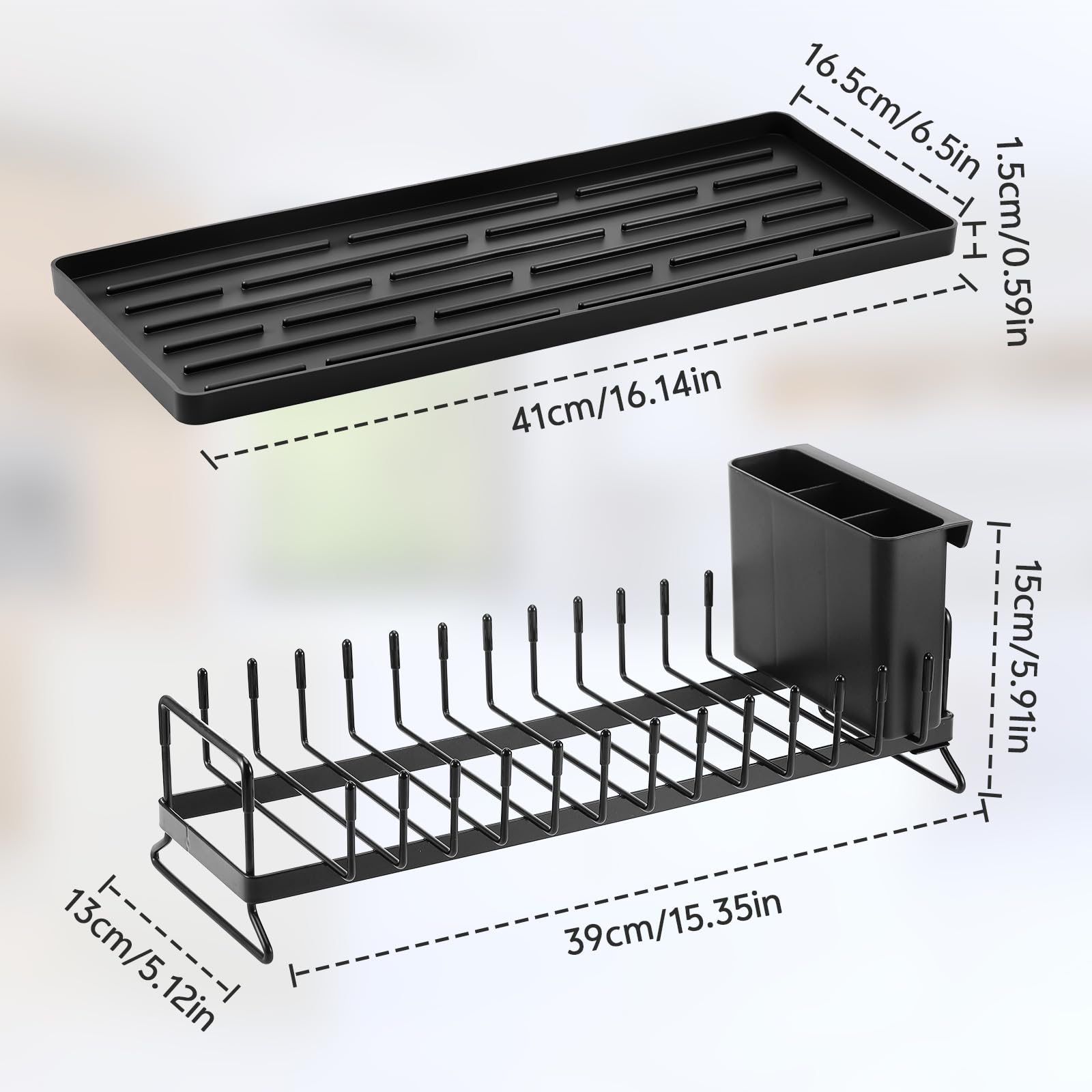 Zocipro Scolapiatti da Appoggio Compatto in Acciaio Inox con Tappetino in Silicone e Portaposate – Salvaspazio per Cucine Piccole, Monolocali, Case e Camper - Nero