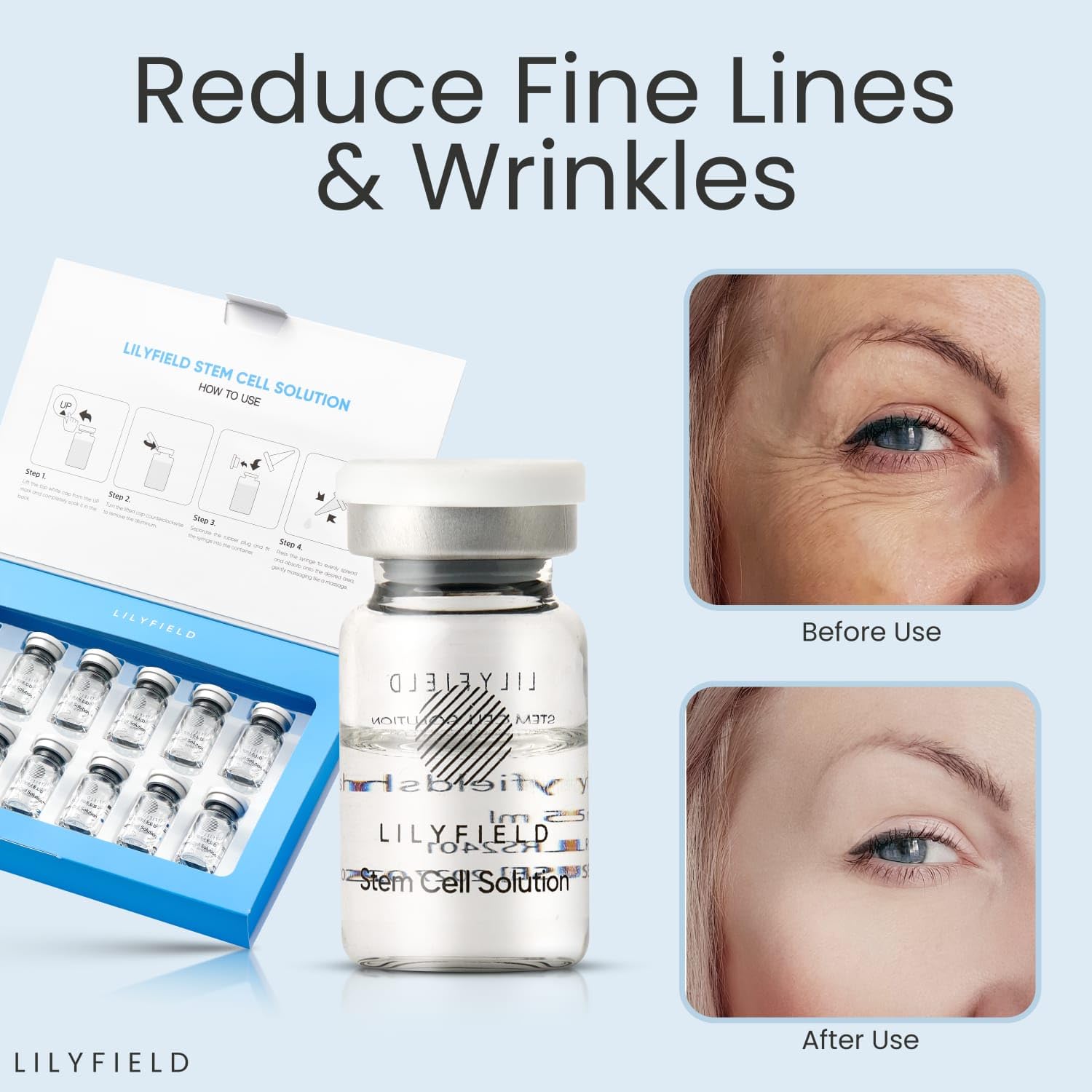 LILYFIELD Solución de células madre, ampollas de suero de ácido hialurónico antienvejecimiento avanzadas, hidratando la piel, suaviza las líneas finas, reduce las arrugas y los signos de