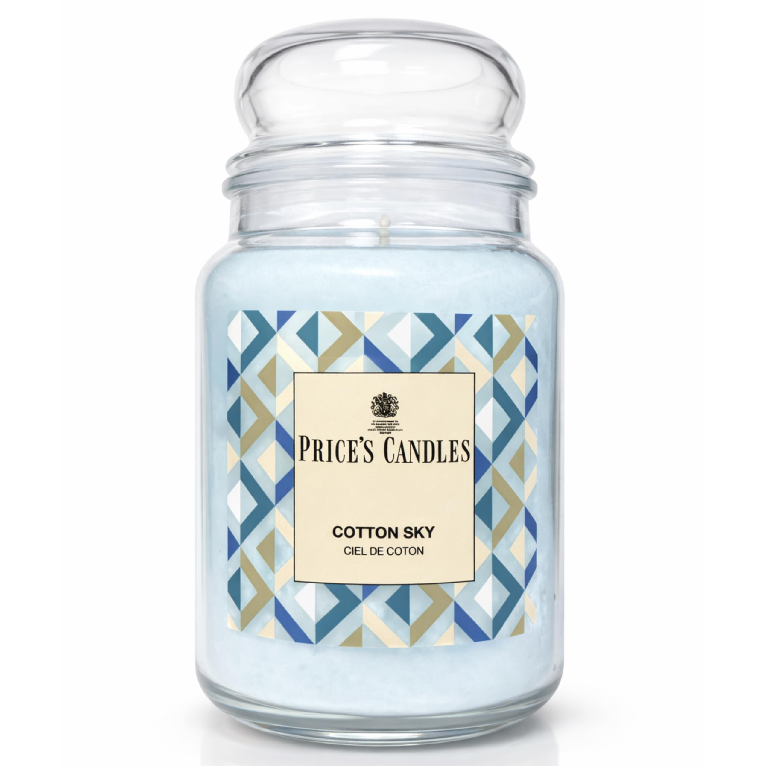 Price’s Candles Cotton Sky - Candela Profumata in Giara Grande 560 g, Durata fino a 130 Ore, Giglio, Violetta e Arancia, Fragranza Fresca & Leggera, Vetro con Coperchio