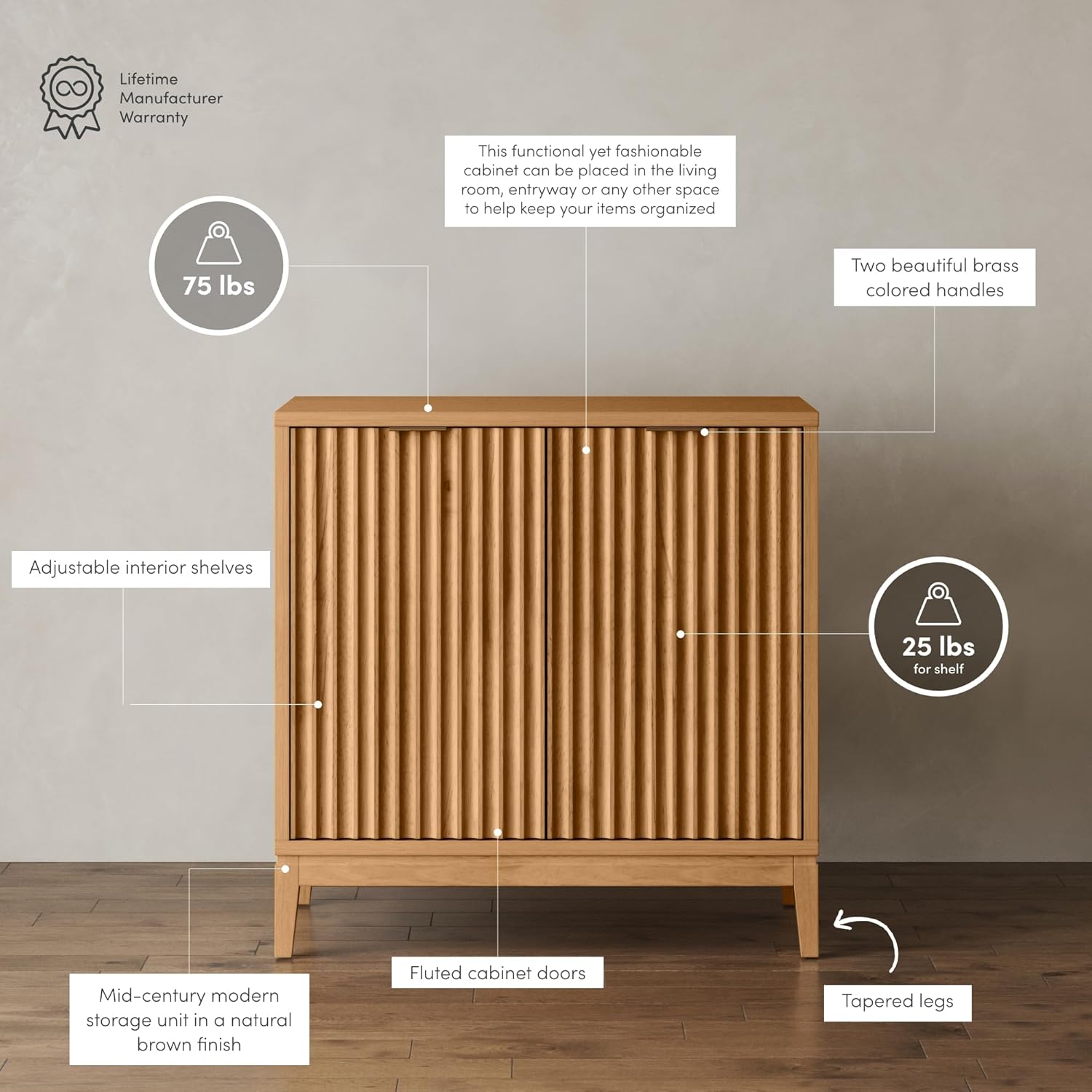Nathan James Jasper Wood Modern Sideboard Accent Storage Cabinet with Fluted Doors, for Kitchen or Living Room, Warm Pine