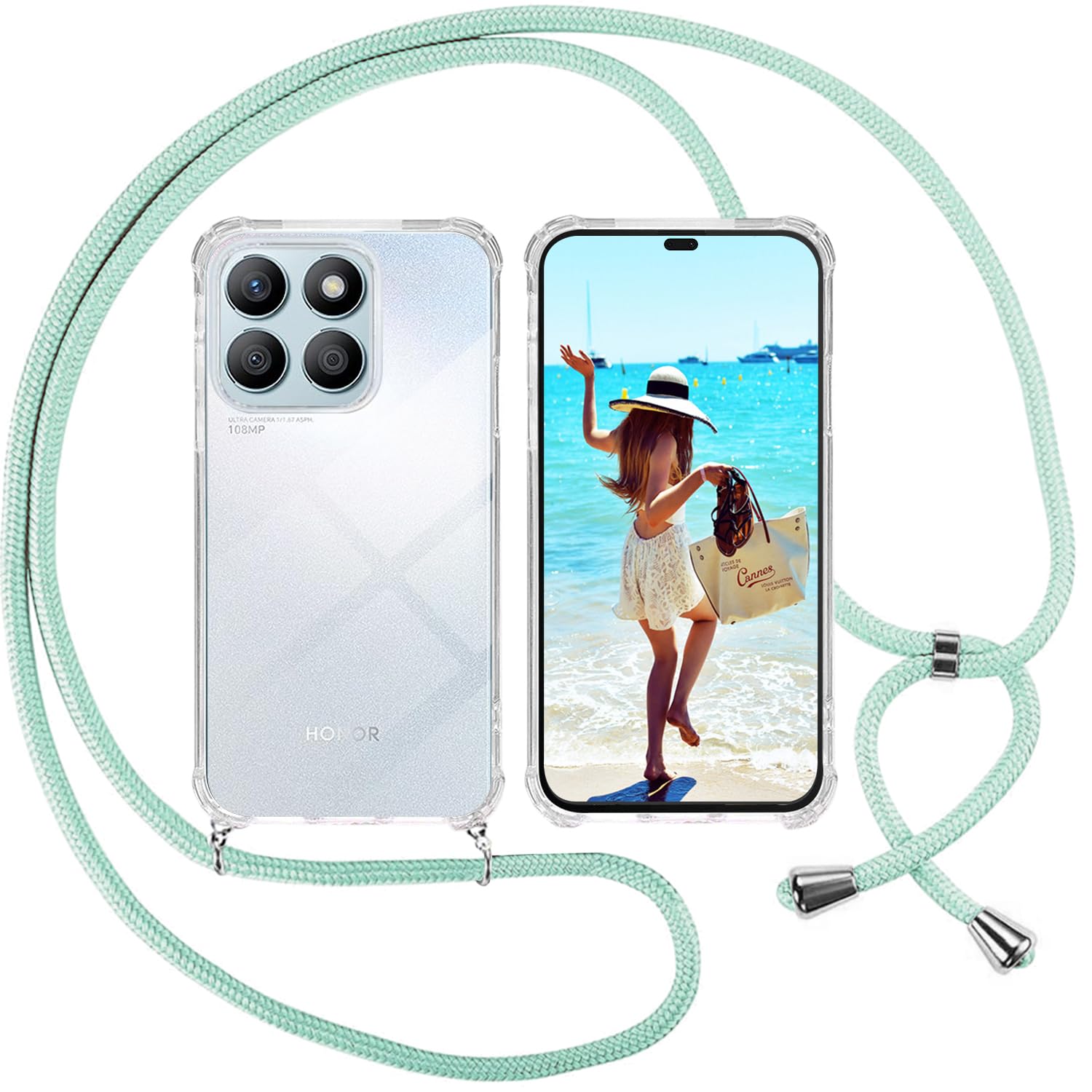 ISOICase with Rope for Honor X8b, Transparent TPU Soft Silicone Case with Adjustable Pendant Strap Necklace Neck Strap Chain Lanyard, Green