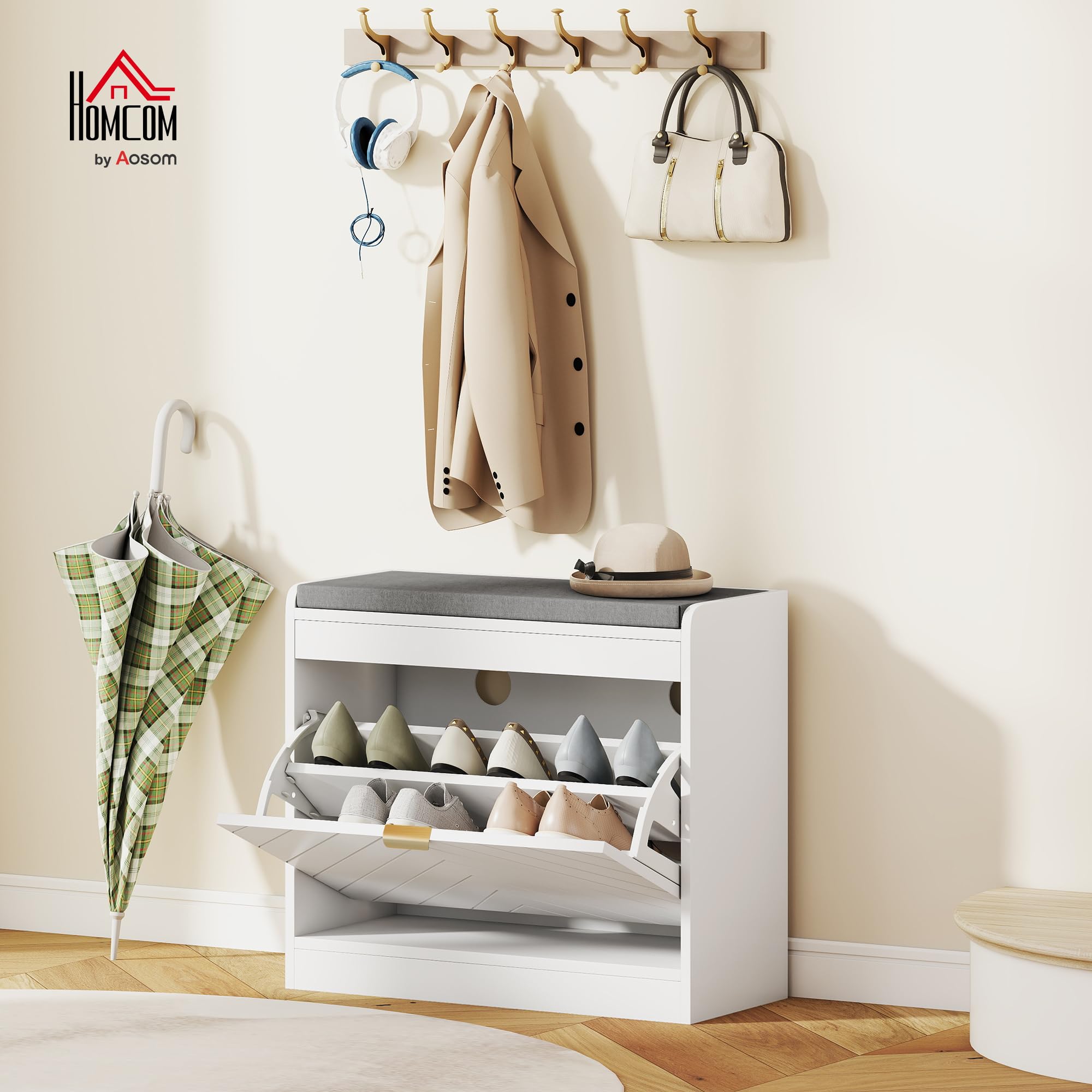 HOMCOM Banco Zapatero Estrecho 1 cajón abatible, 5 Pares, Blanco | 4 ventilaciones, entrada, pasillo, cojín