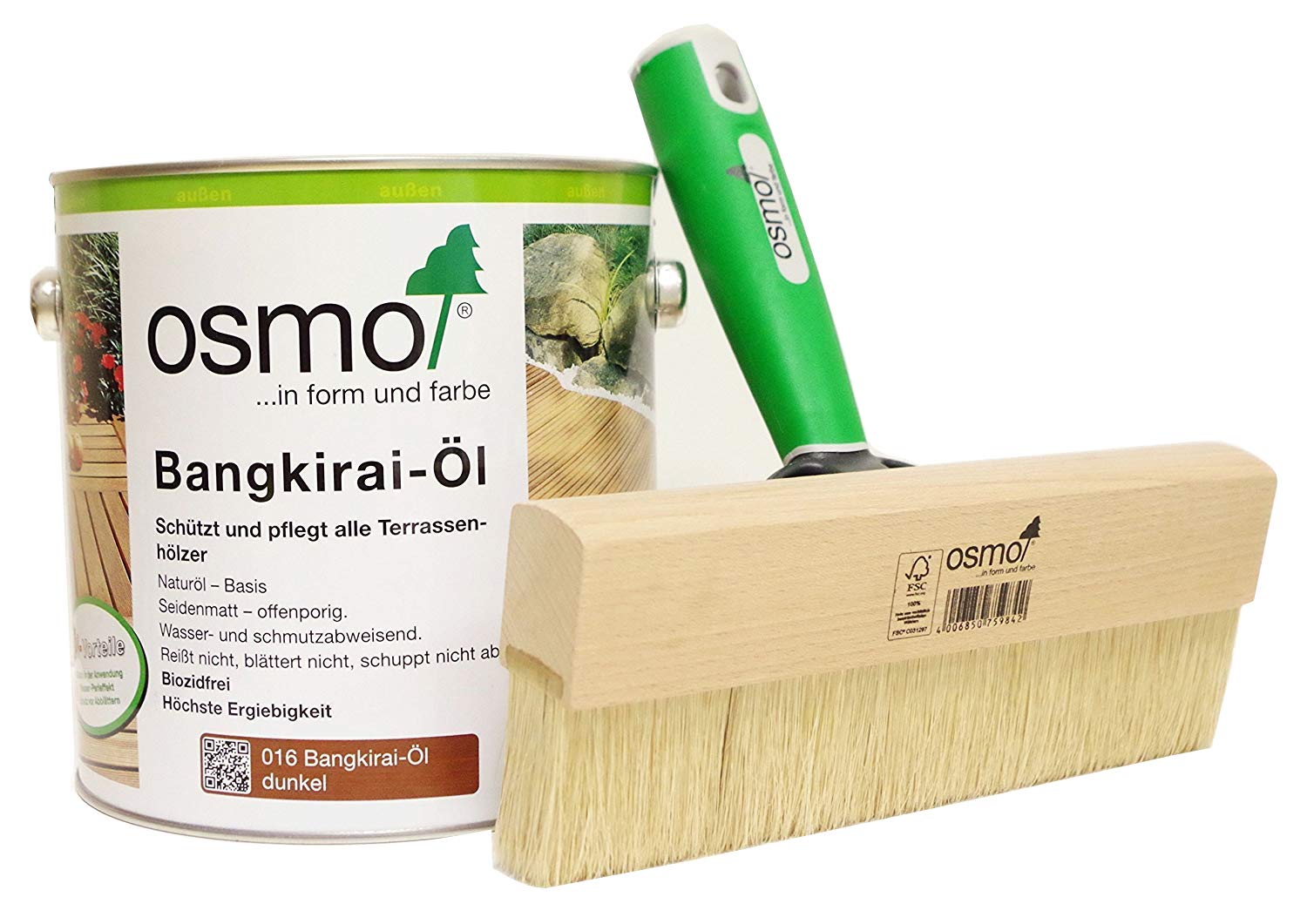 AB.Bauconcept GbR© Kombiangebot: Osmo Bangkirai-Öl Dunkel 016 2,5 Liter und Osmo Fußbodenstreichbürste 220 mm
