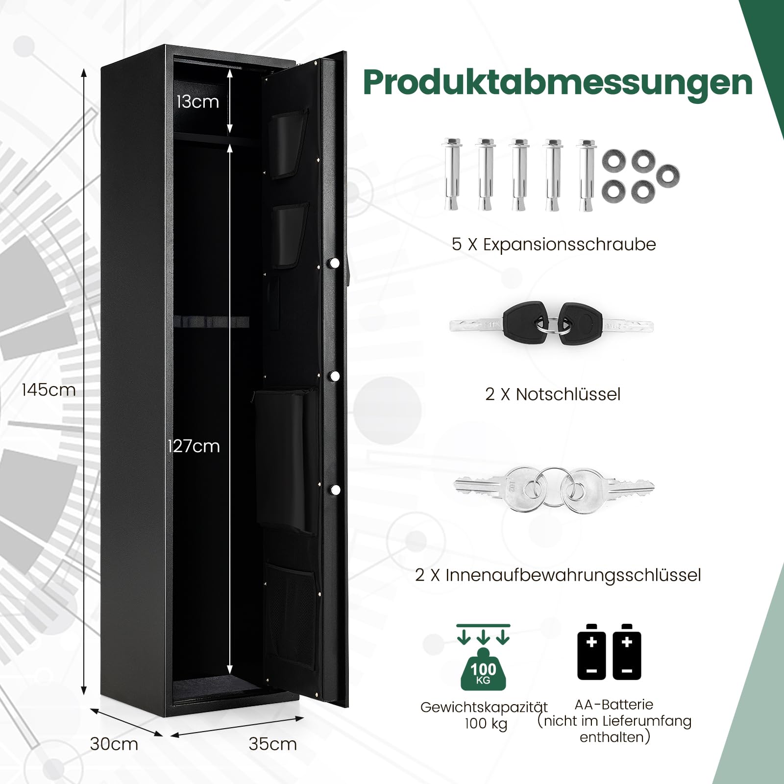 COSTWAY Waffenschrank für 5 Gewehre, Waffentresor verstellbar mit Elektronikschloss, Fingerabdruck, Munitionsschrank aus Stahl mit Pistolenfächern, Taschen, Langwaffenschrank für Pistolen, Munition
