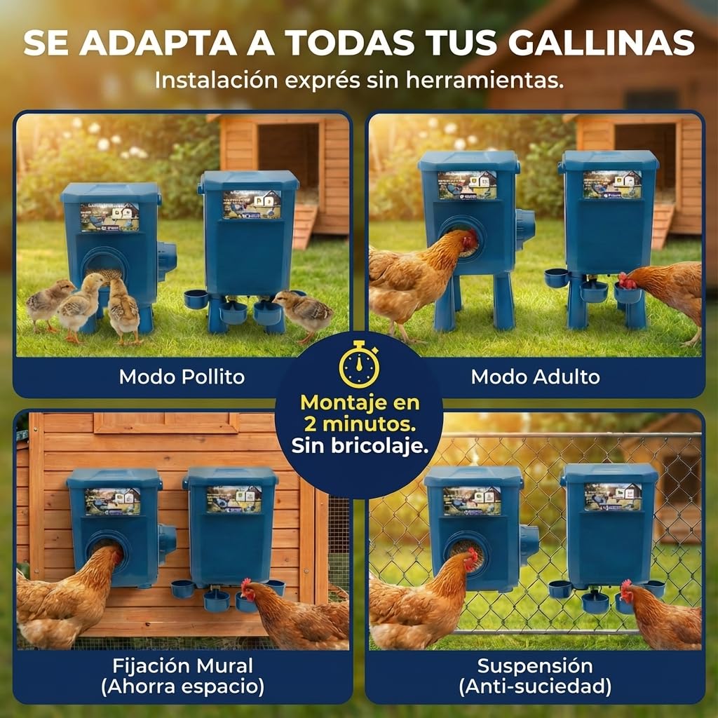 Kit Comedero y Bebedero para Gallinas 8KG/7L – Antiparasitario, Válvula Automática, Anti-Cianobacterias, Ideal para Microgranjas y Criadores Aficionados, Autonomía Prolongada, Reduce Recargas