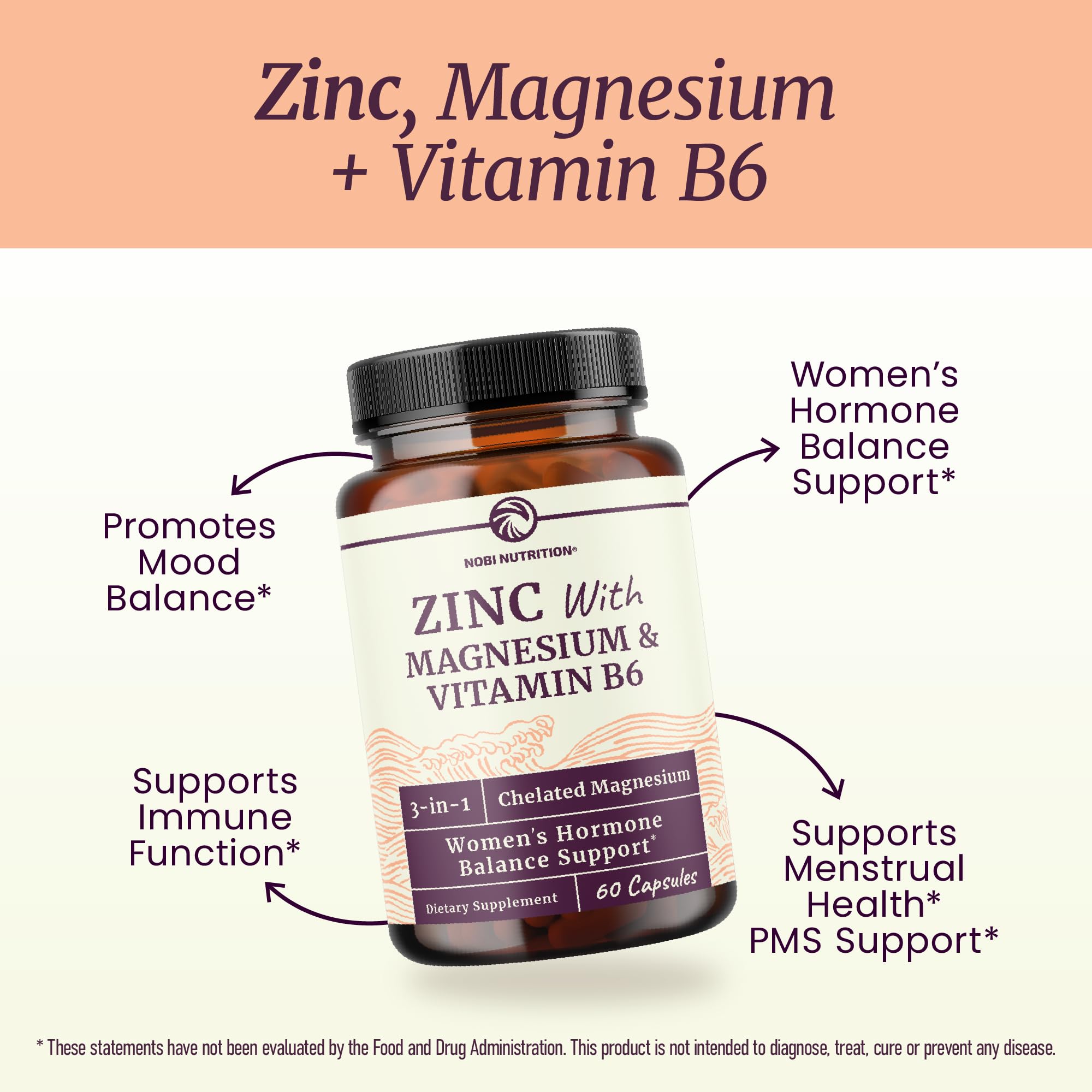 Zinc and Magnesium Supplement with Vitamin B6 | Women’s Hormone Balance, Menstrual Cycle & Immune Support | High Absorption Chelated Magnesium Glycinate with Zinc Picolinate and VIT B6 | 30 Ct.