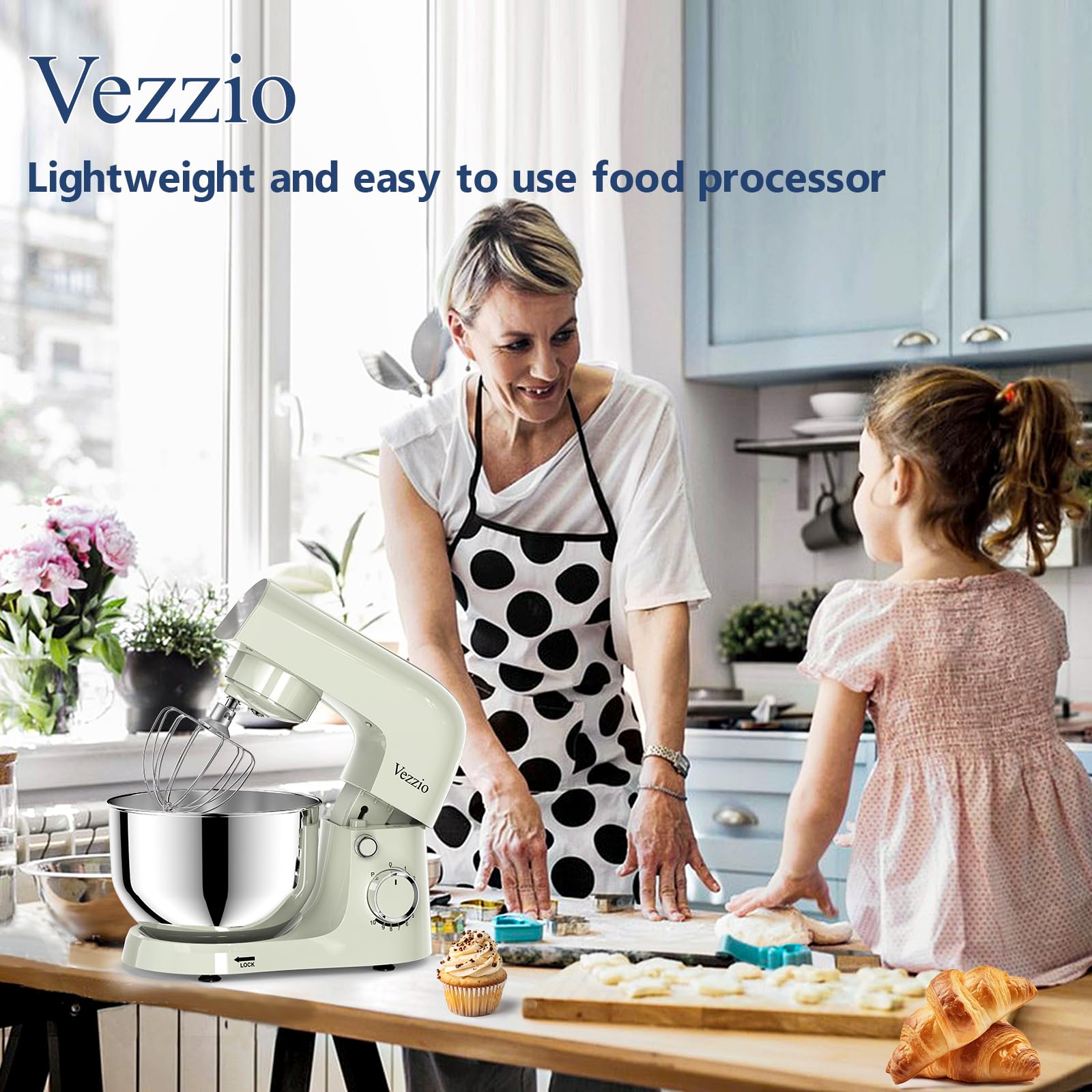 Vezzio Knetmaschine zum Backen, 1500 Watt Kompaktkneter, 10-stufiger geräuscharmer Teigkneter mit 4,5-Liter-Schüssel, inkl. Schneebesen, Knethaken, Rührbesen und Spritzschutz (Grün)