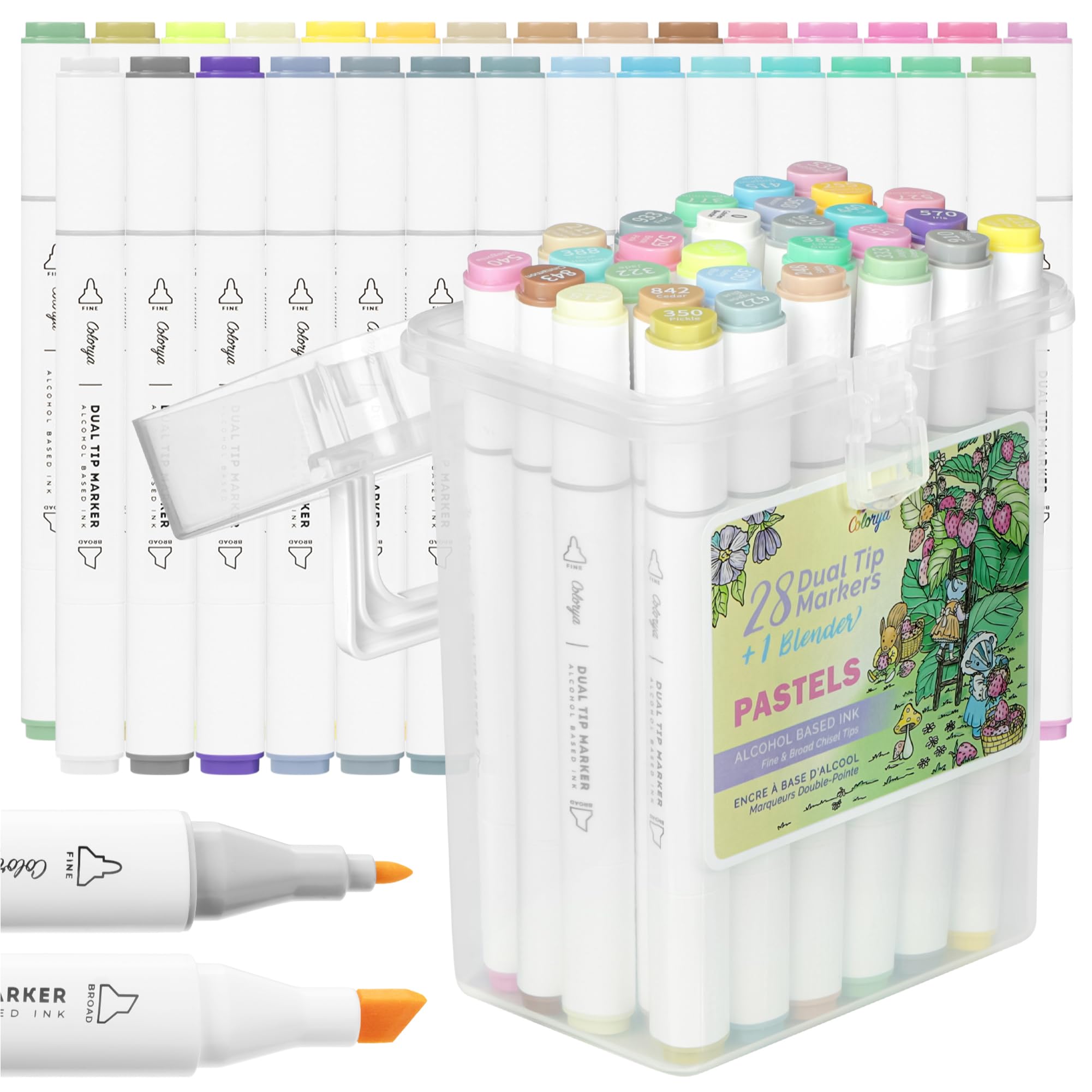 Colorya Rotuladores a Base de Alcohol Doble Punta con Tinta No Ácida - 28 Colores Pastel + 1 Rotulador Mezclador + 1 Caja de Almacenamiento - Marcadores de Dibujo Profesionales