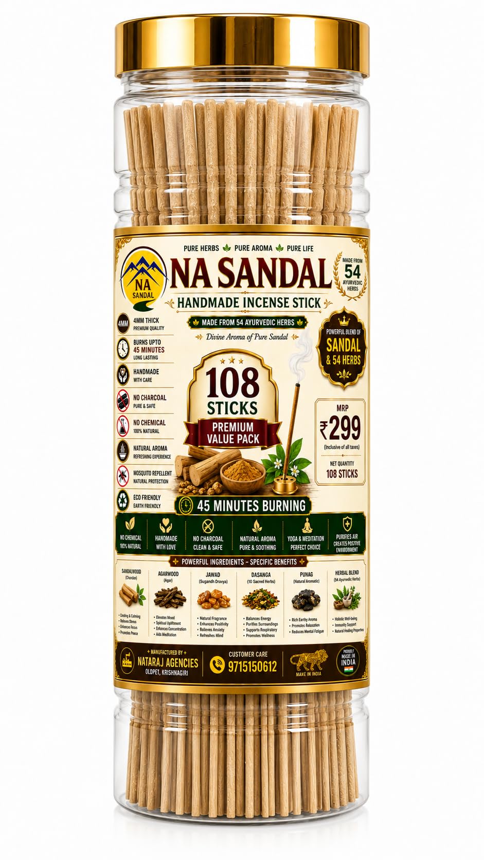 NA Sandal Handmade Sandalwood Incense Sticks 108 Pack | Handcrafted sandal incense sticks with premium fragrance, 4 mm thickness and 45+ minutes burn time.-image-5