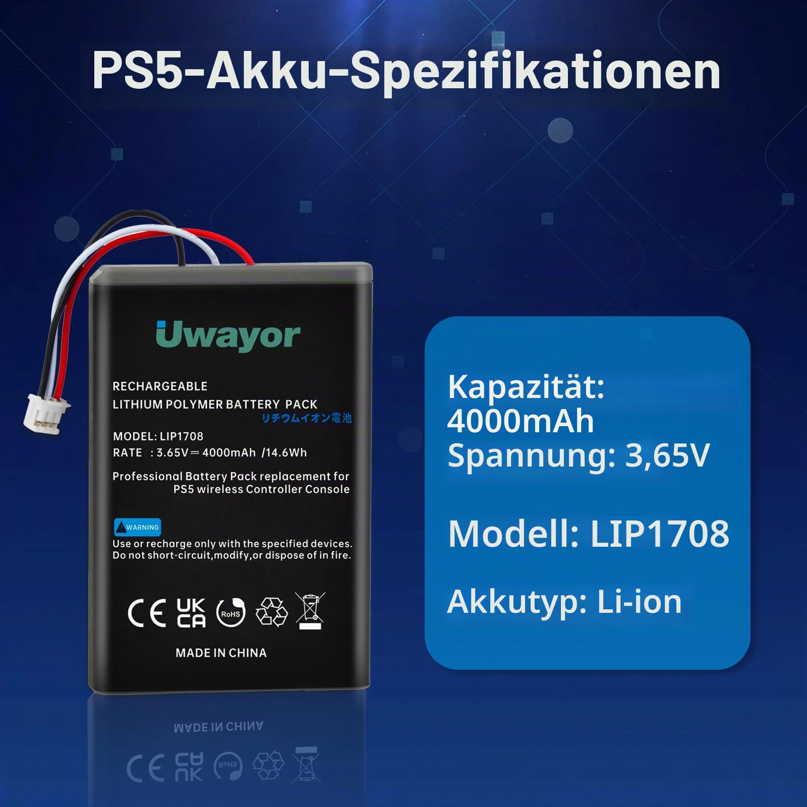 2 Pack 4000mAh Akku für PS5 Controller,LIP1708 Akku Ersatz für Sony PlayStation 5 DualSense CFI-ZCT1W Wireless Controlle