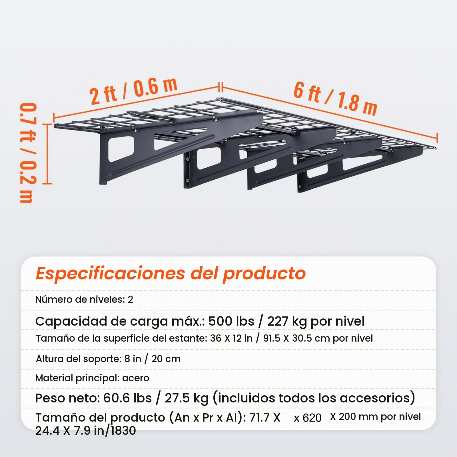 VEVOR Estantes Flotantes de Pared para Garaje, 122 x 61 cm, Juego de 2 Piezas, Gran Superficie Útil, Carga de 227 kg por Estante Colgante de Metal para Herramientas, para Tiendas, Garajes, Almacenes