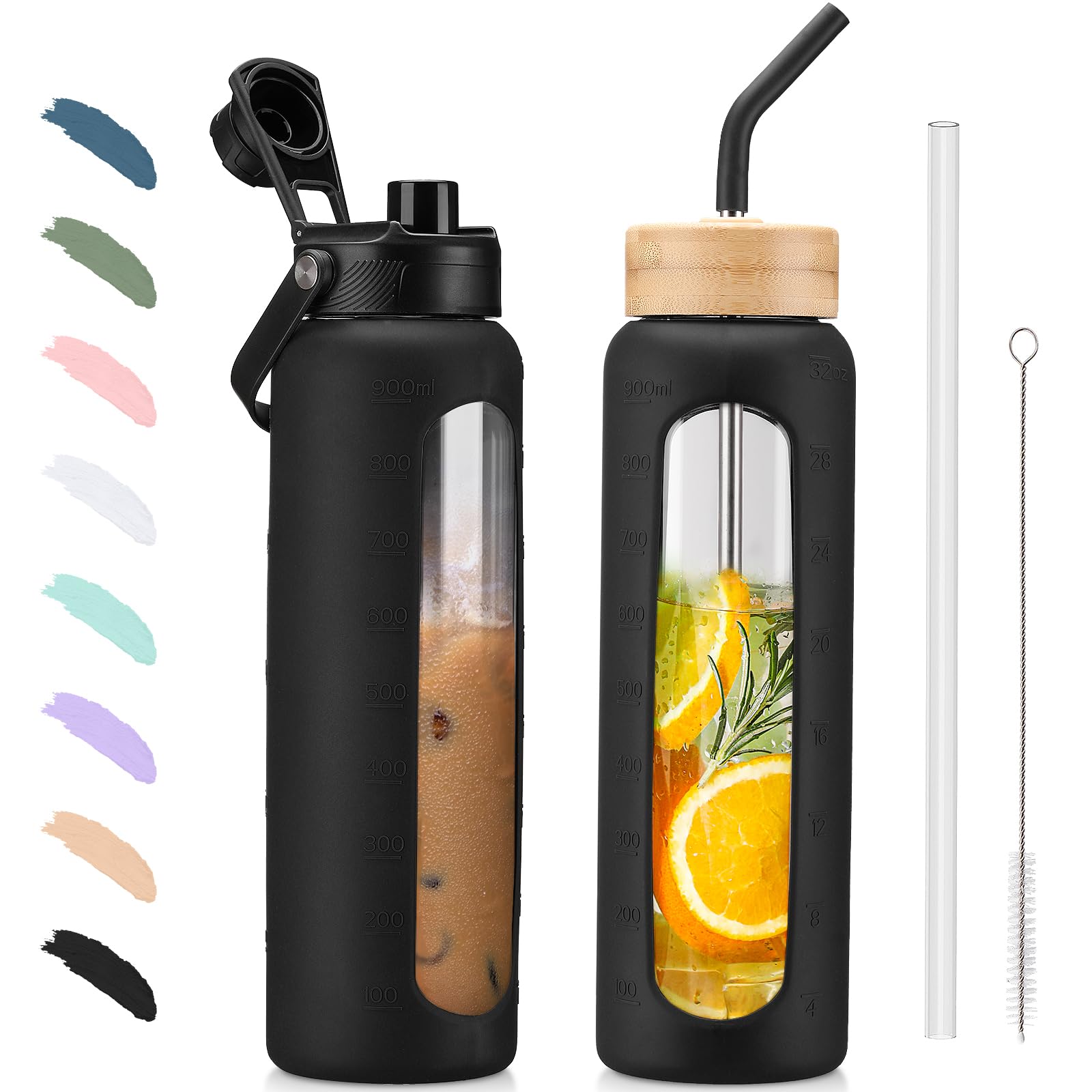 BLUEGO Borraccia Vetro 900ml con 2 Coperchi e Cannuccia, Sportiva Bottiglia d'Acqua con Custodia in Silicone e Indicatori di Tempo, Senza BPA, Nero