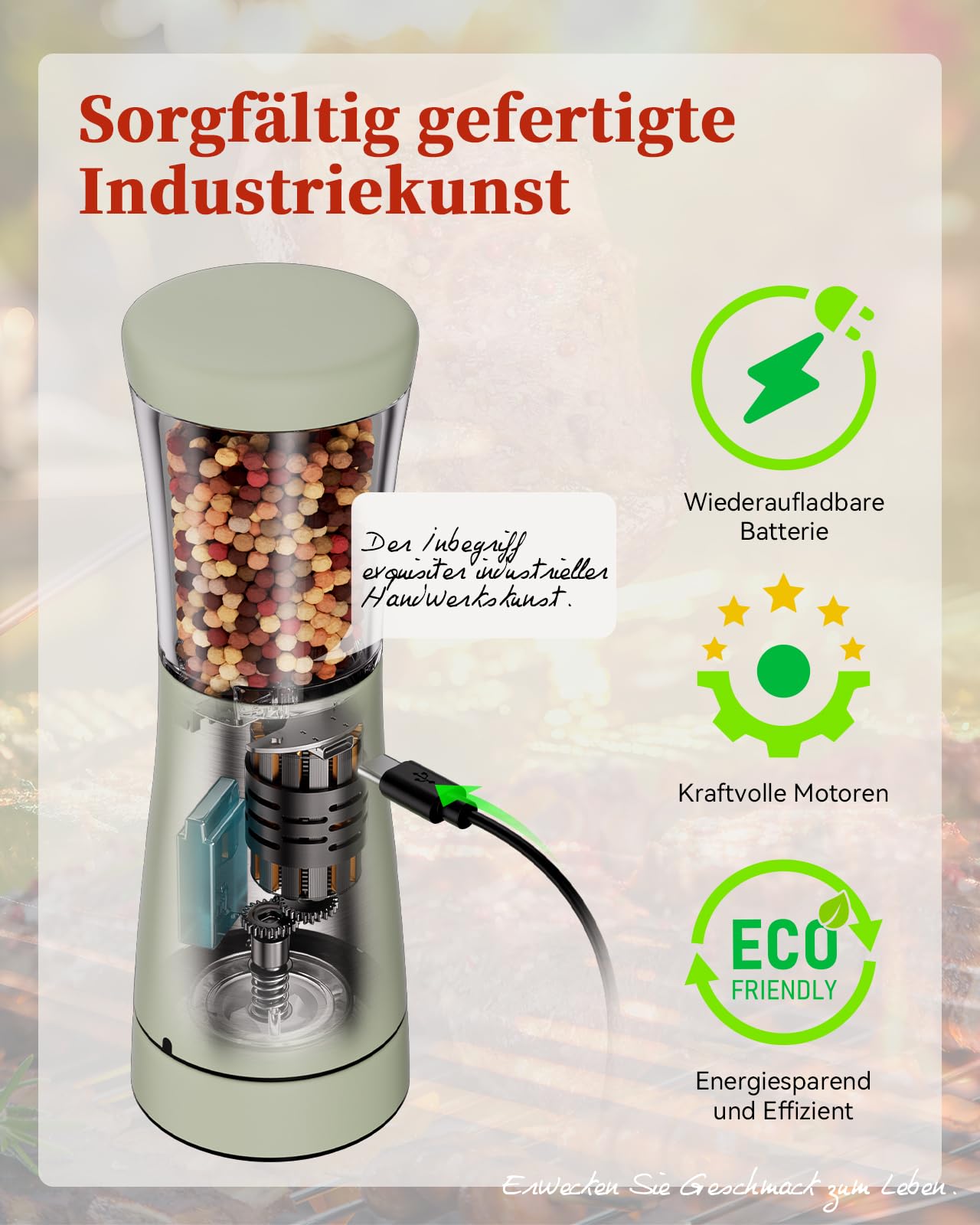 Moulins à sel et à poivre électriques en acier inoxydable rechargeables LED céramique réglable Lot de 2 vert