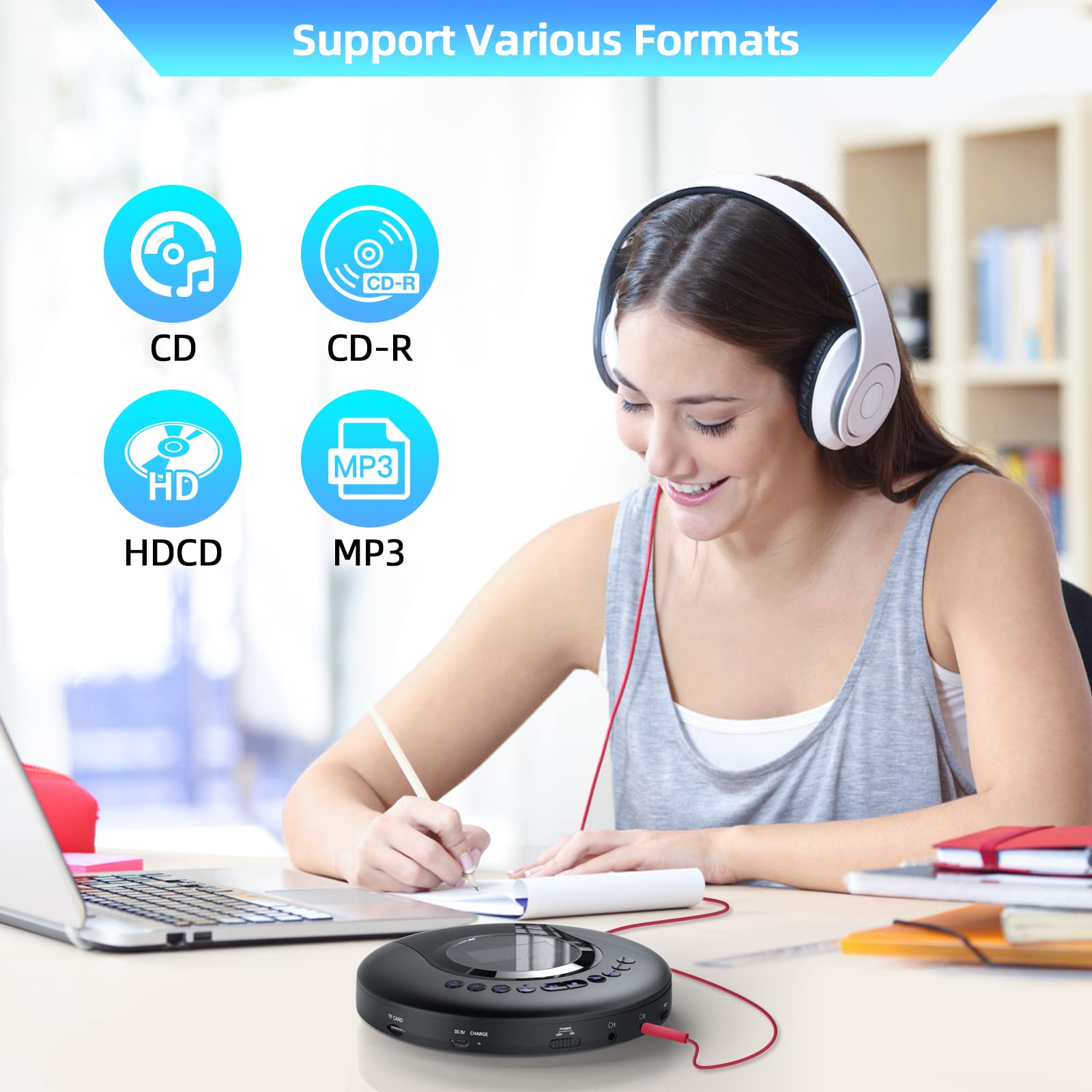 Lecteur CD Portable, Arafuna Lecteur CD Bluetooth pour Voiture et Enfants, Discman Rechargeable 2000 mAh avec écran LCD, Protection Antichoc baladeur CD FM Petit avec écouteurs